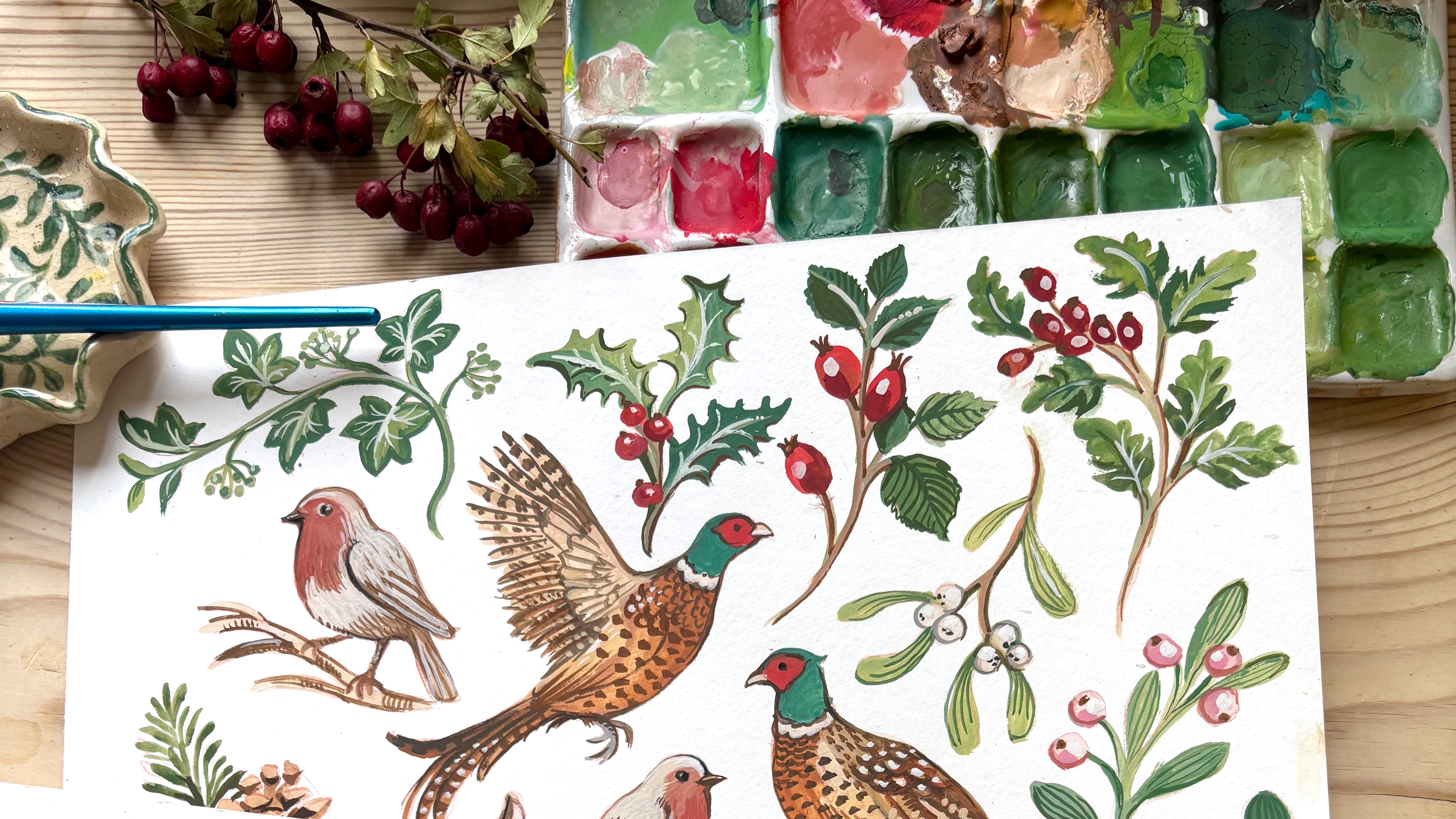 Watercolor robin and pheasants with holly for 2025 Christmas card