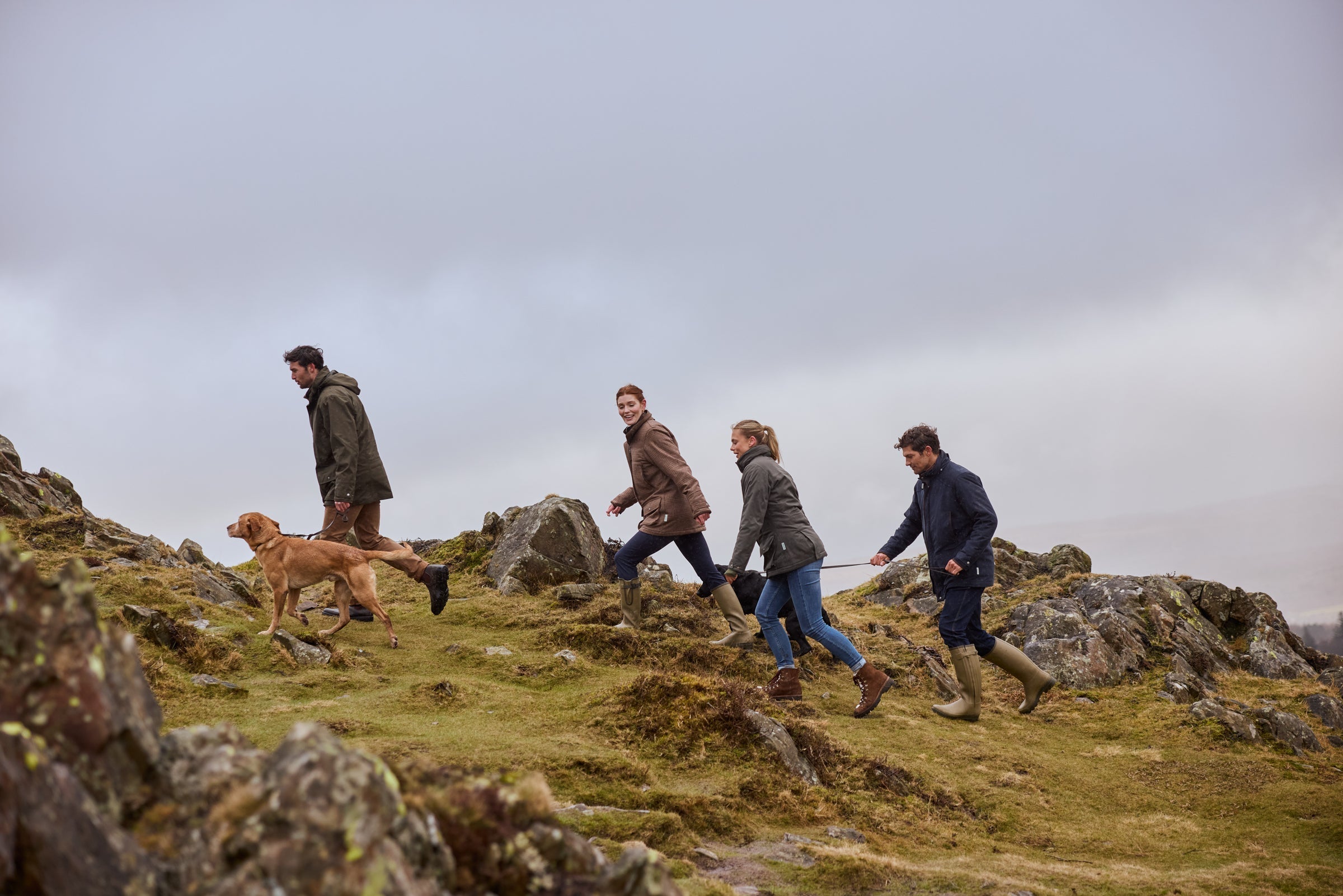 Four hikers in waterproof jackets and golden retriever on rocky hillside