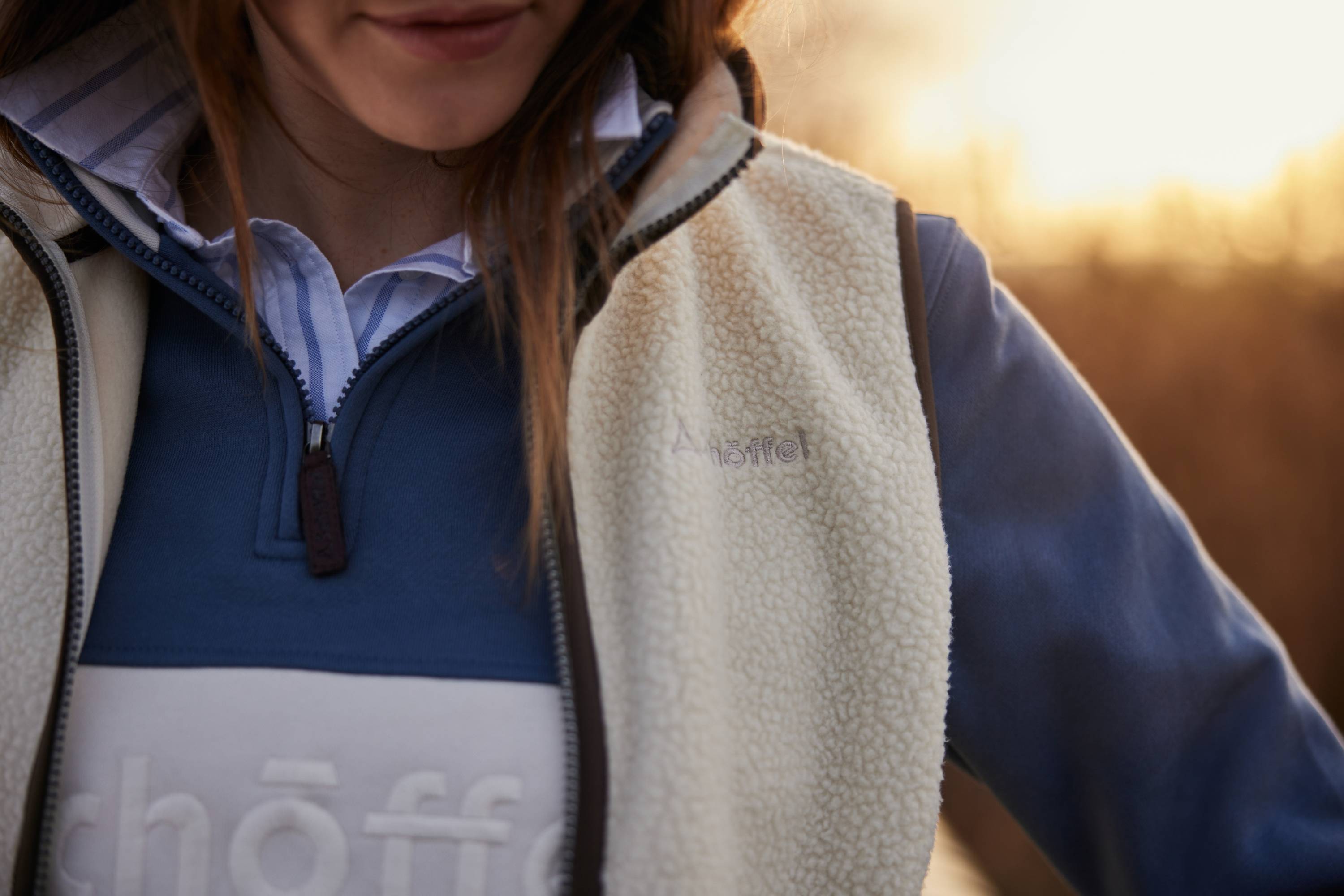 Cream fleece vest with navy and white panels in ultimate gilets guide