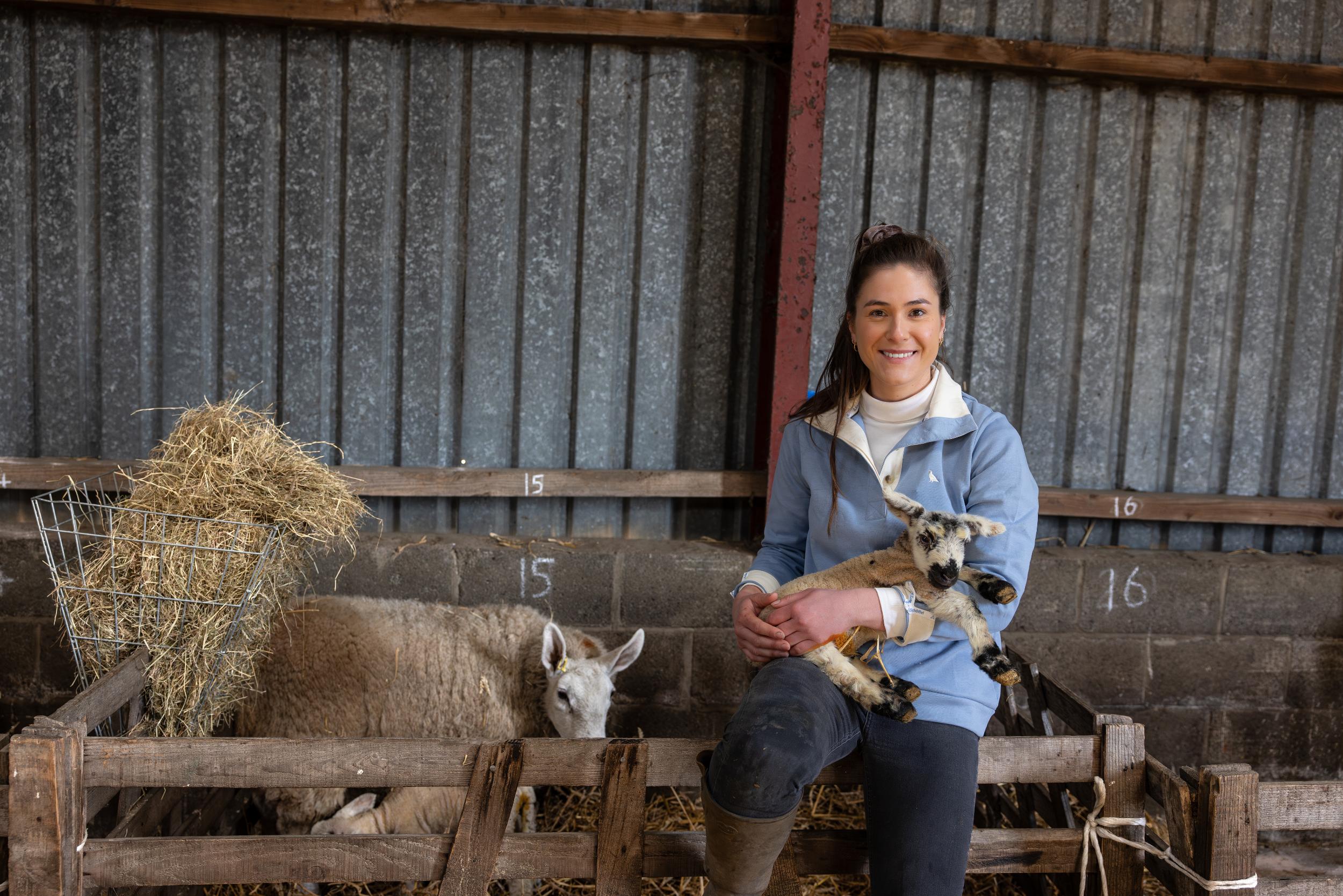 Rebecca Wilson in blue fleece holds spotted lamb on bench in lambing shed