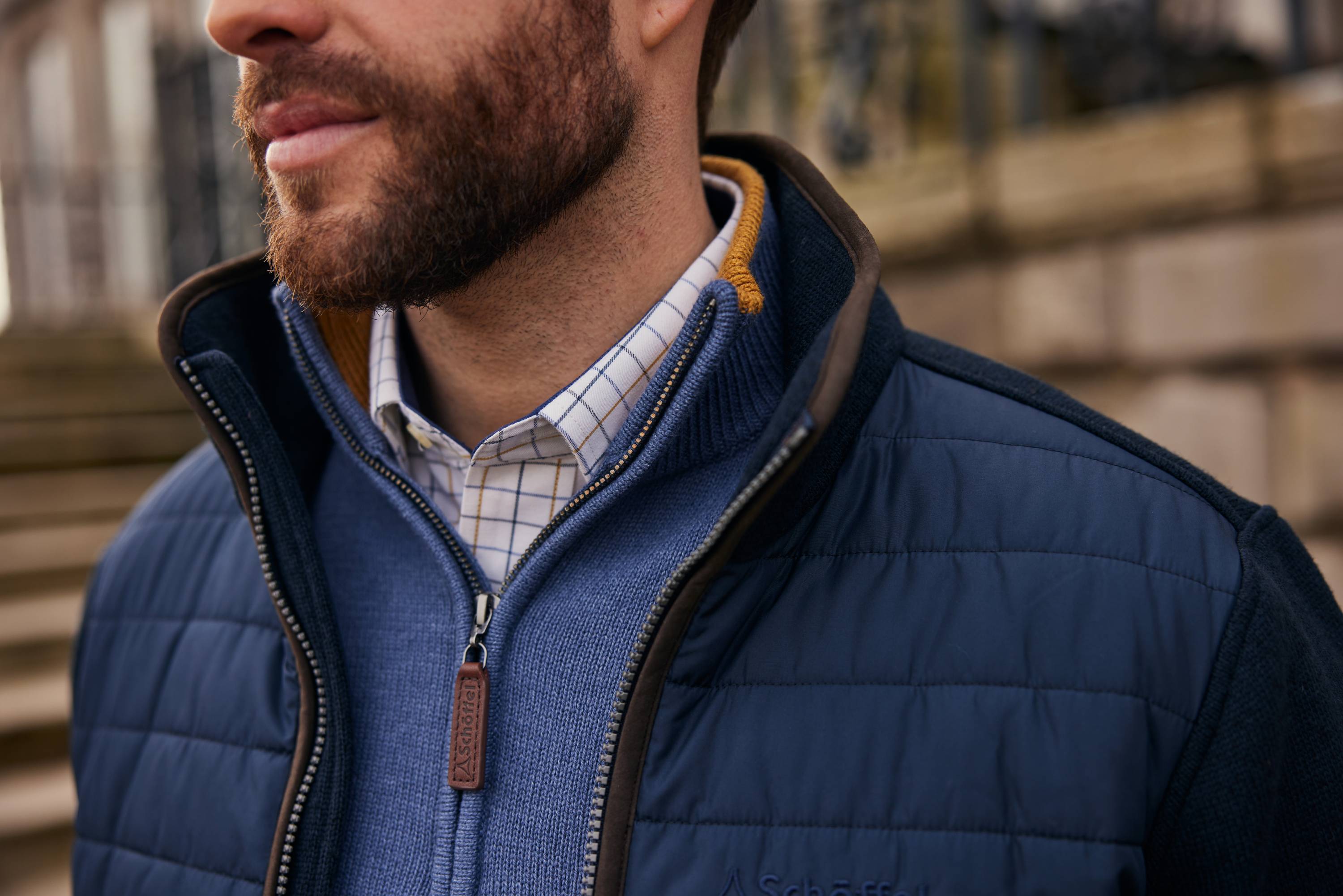 Navy blue quilted jacket with ribbed collar in layering guide