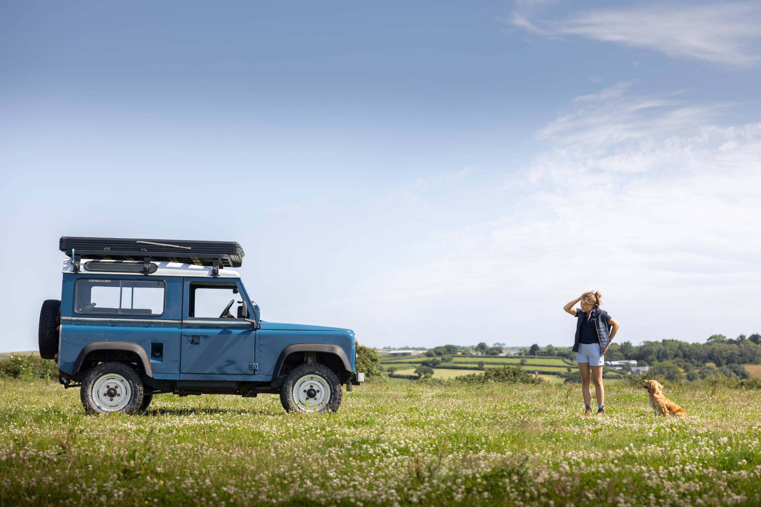 Blue Tit Land Rover Defender with roof rack and side spare tire in field