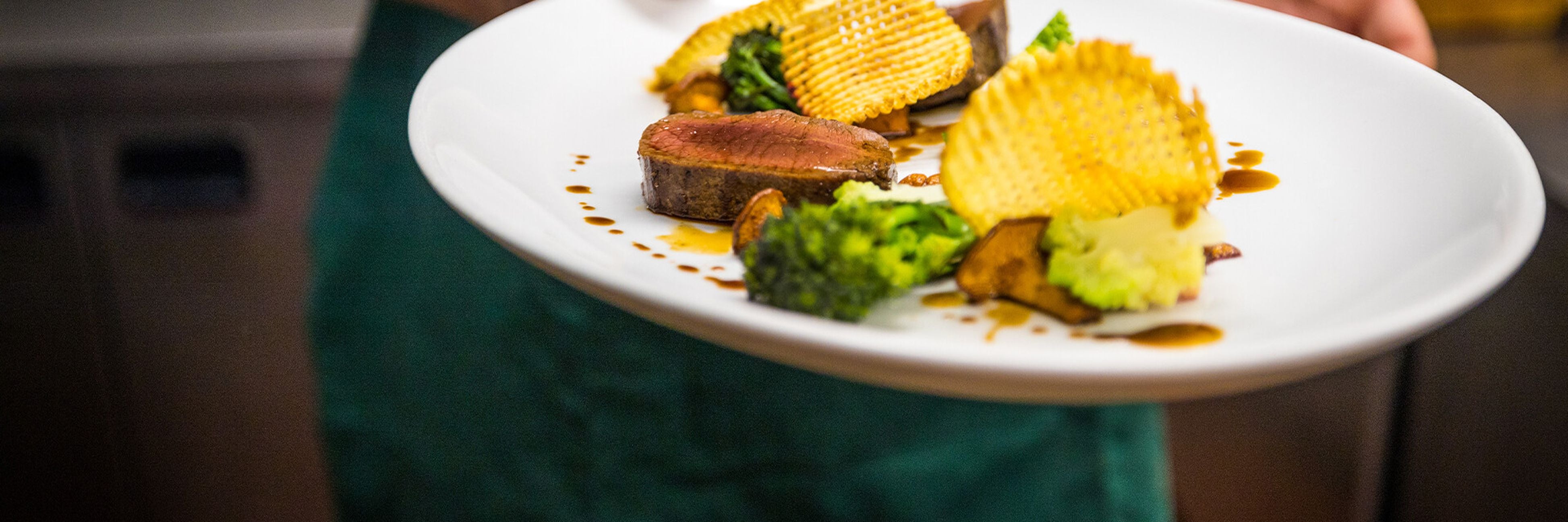 Venison seared on white plate with crispy potato chips, greens and sauce