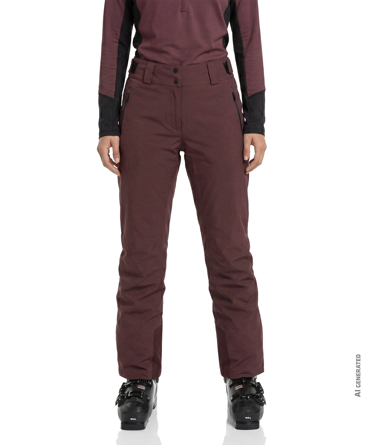 Women’s pine pants dark twilight maroon ski pants with black panels waterproof sleek design