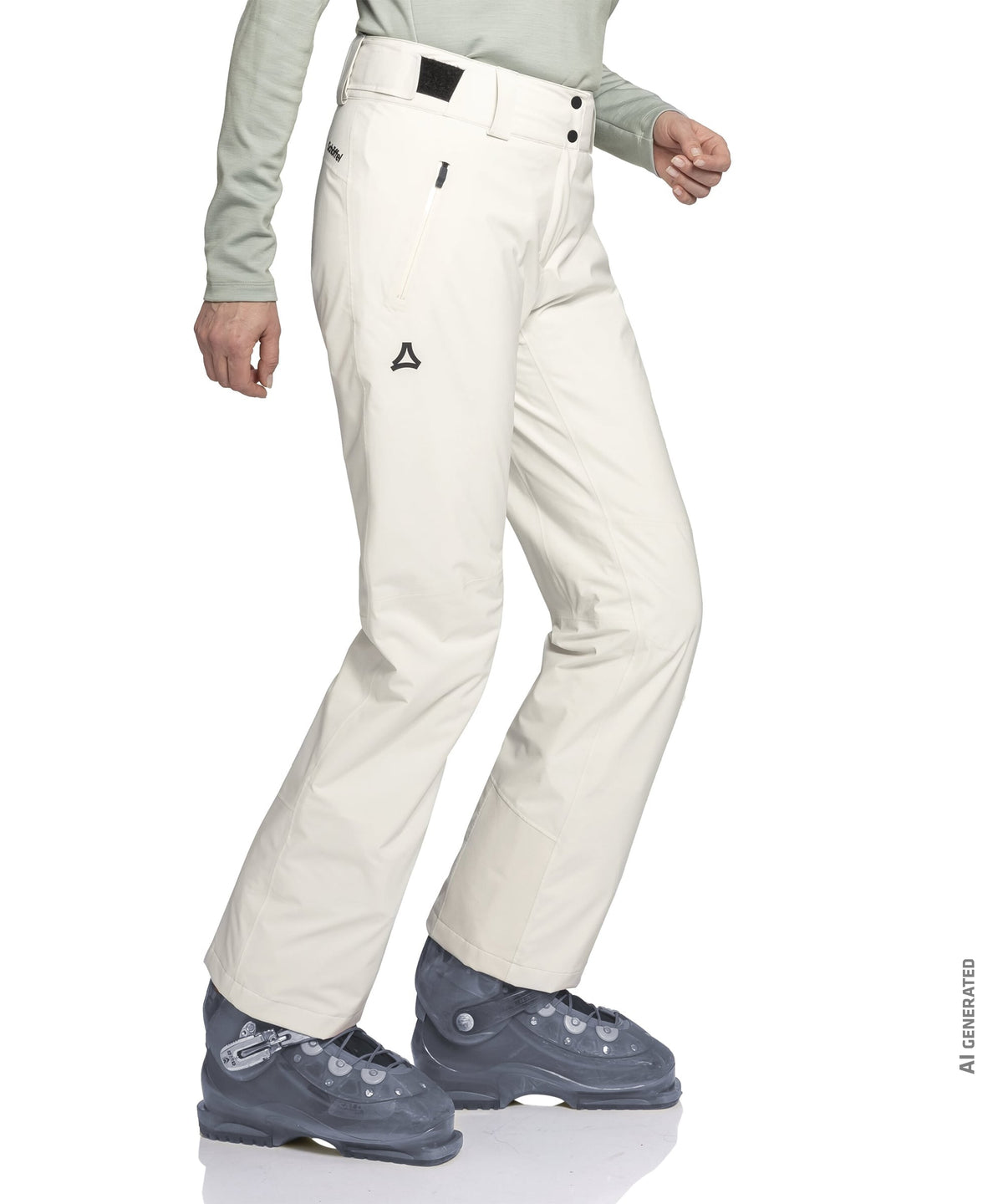 Women’s pine pants nordic cream ski pants with black triangular logo and matching black belt loop