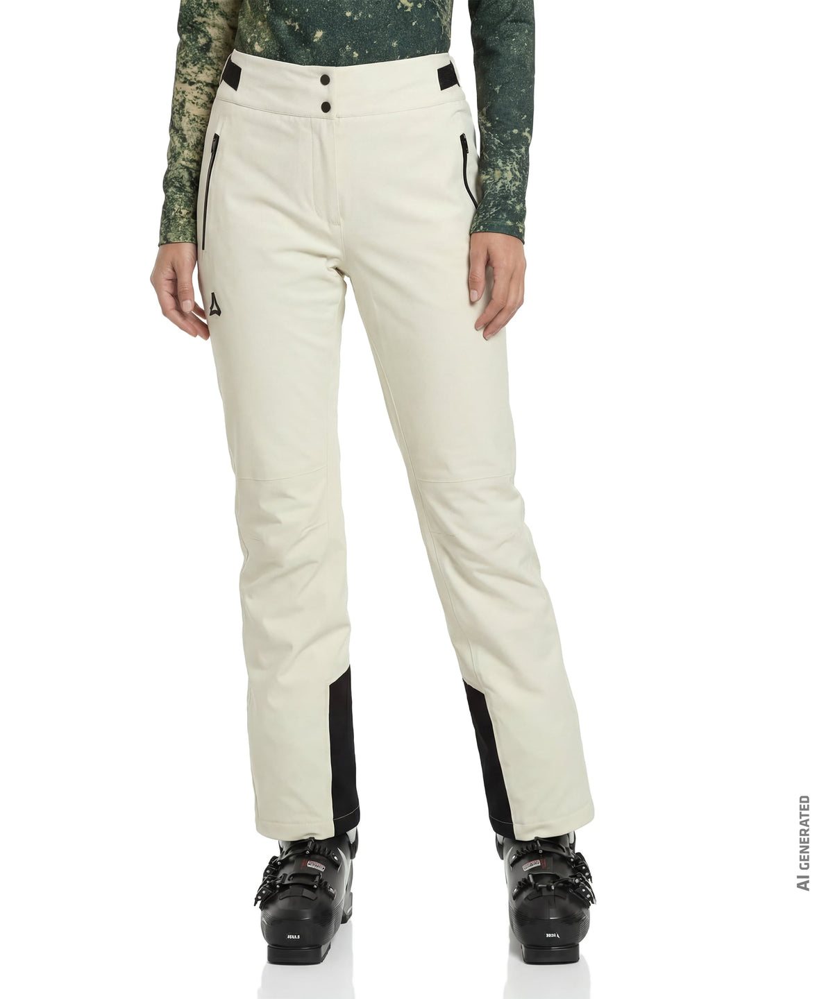 Women’s Skayra pants nordic cream ski pants with black side panels and subtle thigh logo for winter
