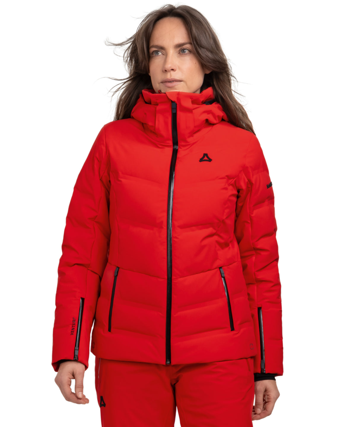 Women’s Caldirola jacket scarlet red vibrant puffer ski jacket with black zipper accents and subtle