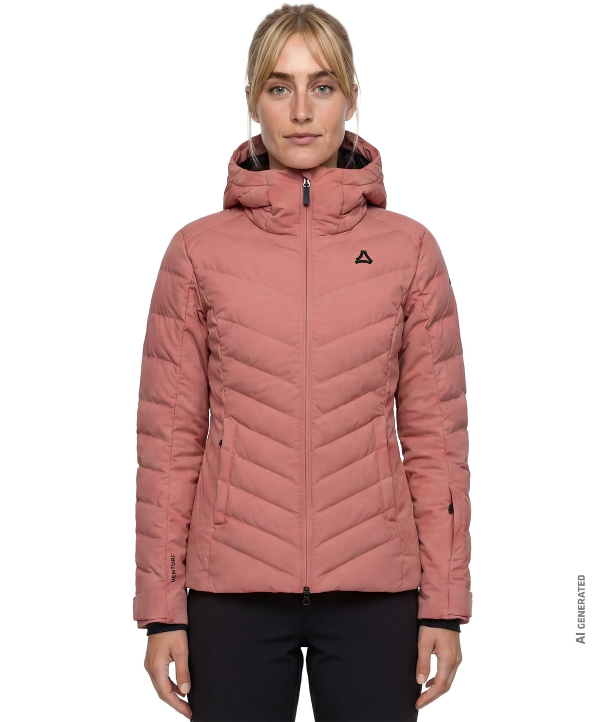 Women’s Alerce jacket in ashed rose features a pink quilted design with a hood and black zipper