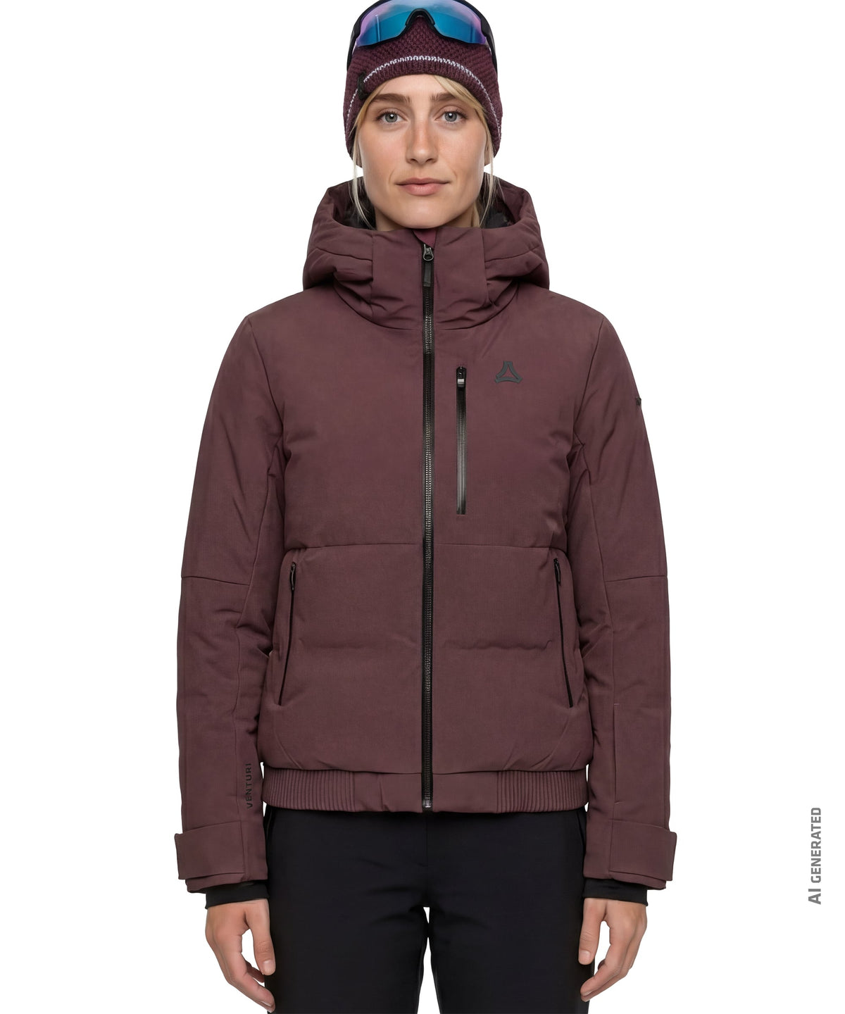 Women’s Radiana jacket in dark twilight maroon puffer style with hood, black zipper accents