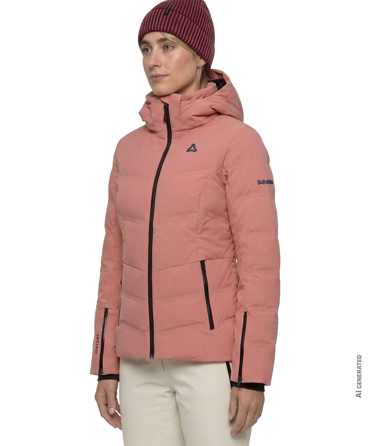 Women’s caldirola jacket in ashed rose pink puffer style with black zipper accents and subtle chest