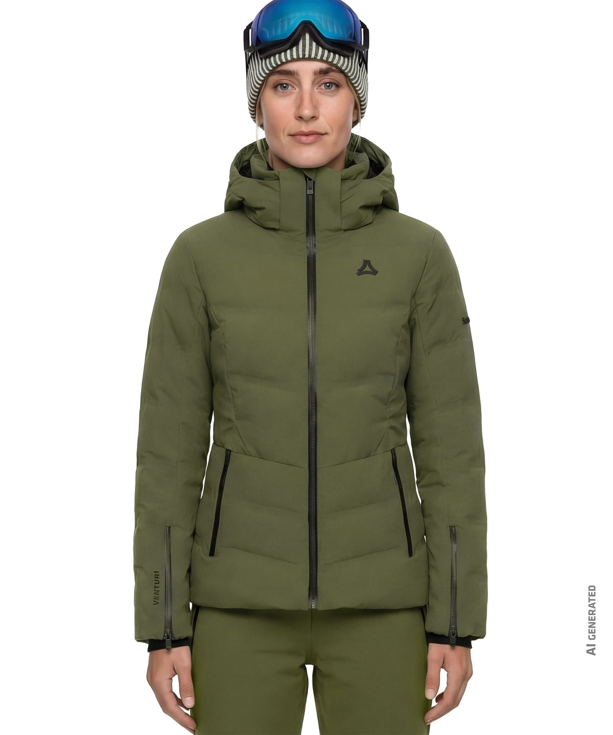 Women’s caldirola jacket avocado branch olive green puffer jacket with black zipper accents