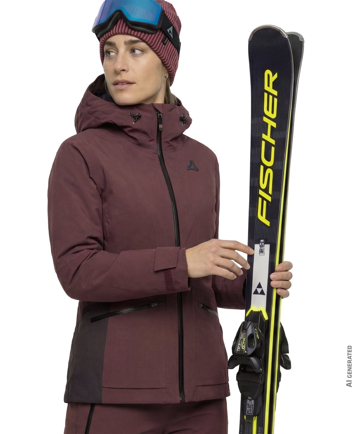 Women’s Levivo jacket dark twilight maroon and black ski jacket with hood zipper closure and brand