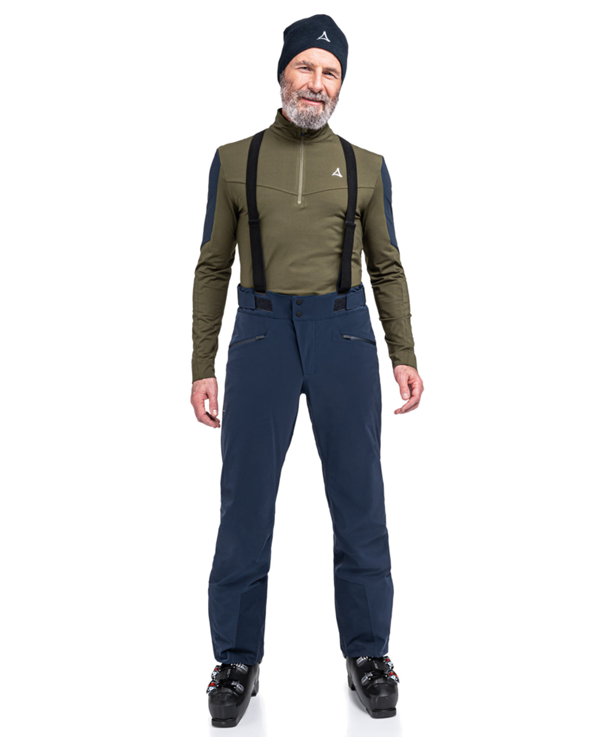 Men’s Trevalli ski pants in navy blazer with black suspenders paired with an olive green