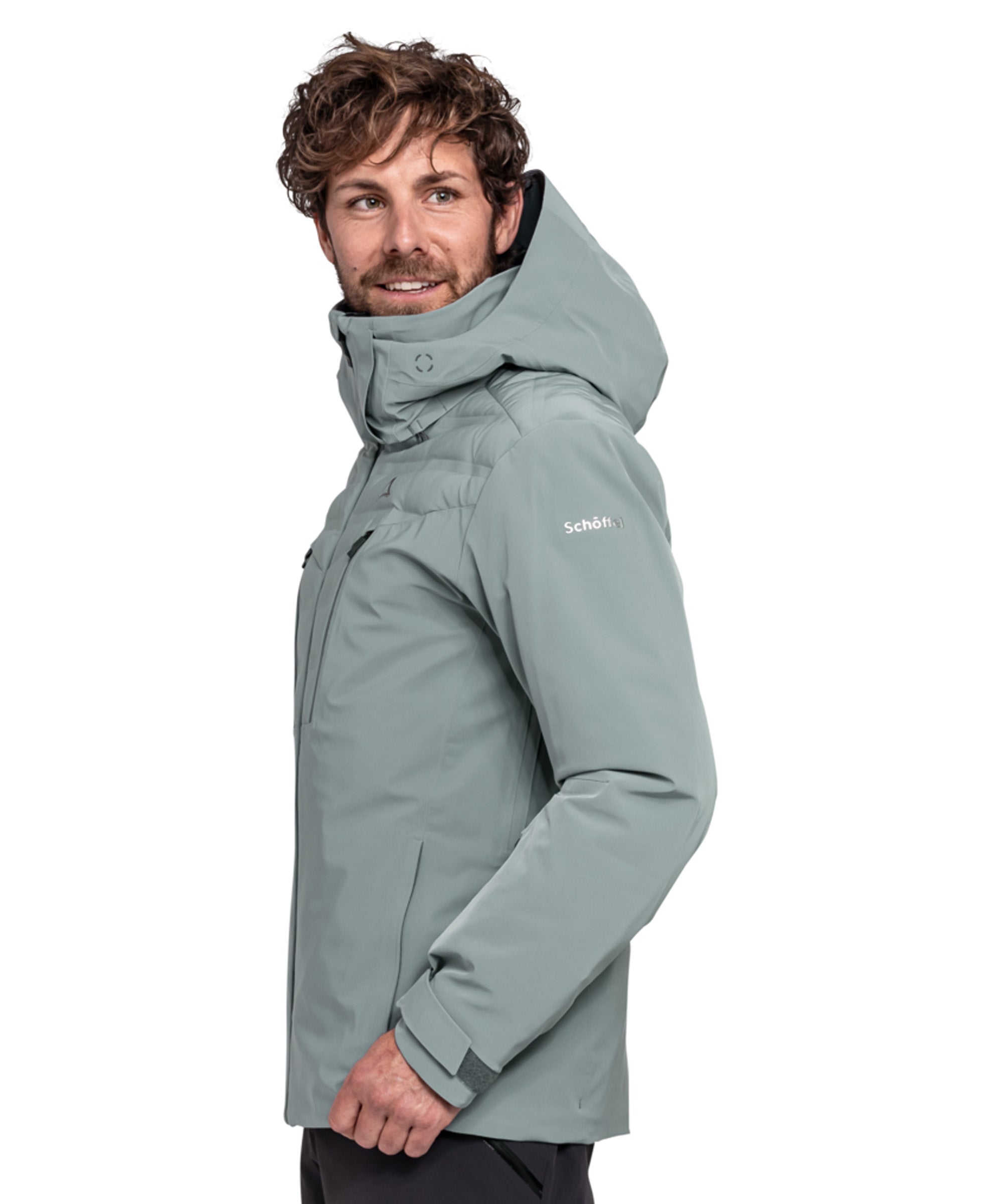 Men’s schöffel bossons outdoor jacket in steel grey with high collar and subtle sleeve branding