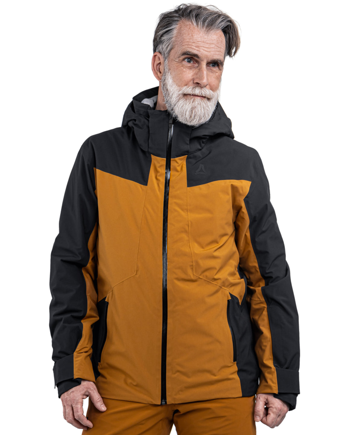 Men’s trifex jacket caramel in bold mustard and black color block with hood and reinforced seams