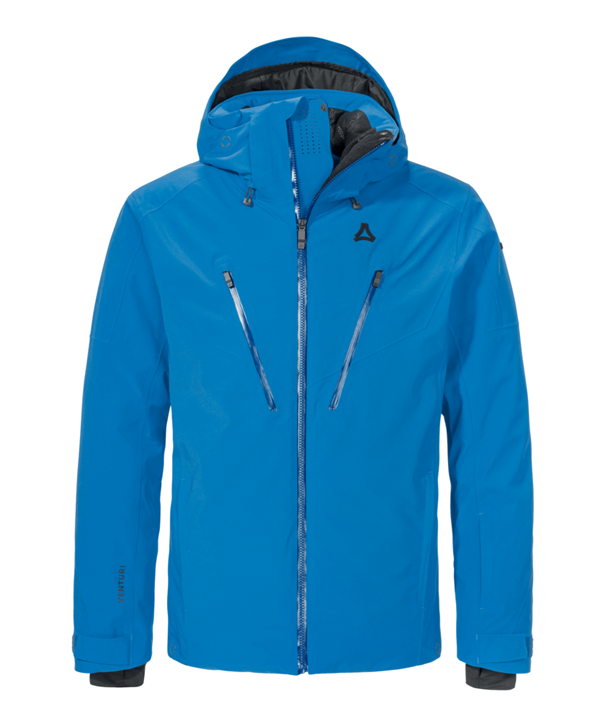 Men’s Skuta jacket by Allporta is a bright blue waterproof ski jacket with black inner lining