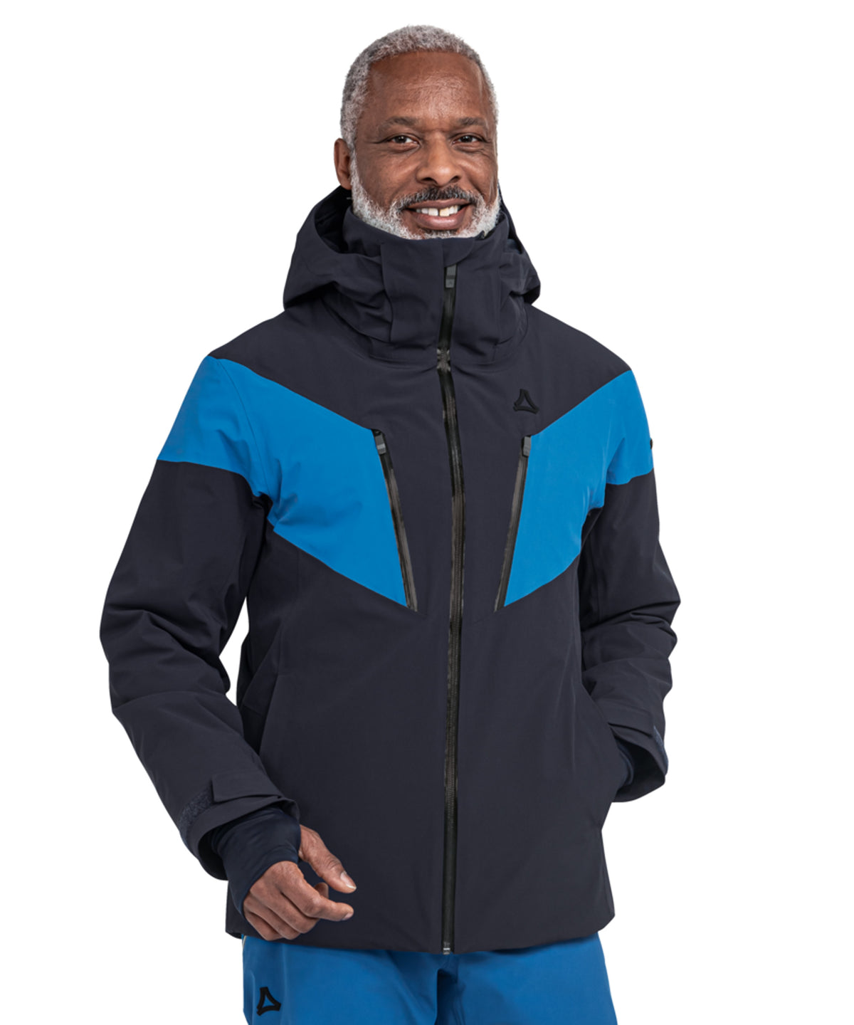 Men’s Safuna jacket navy blazer in dark blue and vibrant teal with sleek modern design for skiing