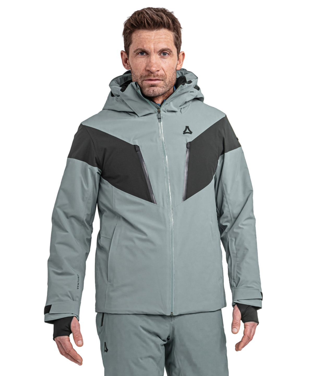 Men’s Safuna jacket steel grey sleek modern ski jacket with muted gray, bold black geometric panels