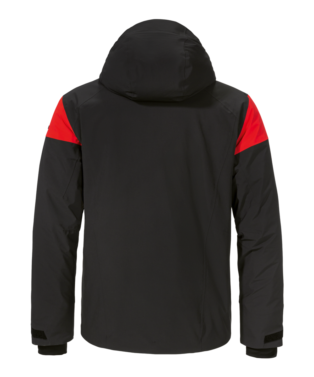 Men’s Safuna black and red hooded jacket with bold color-block shoulders designed for casual wear