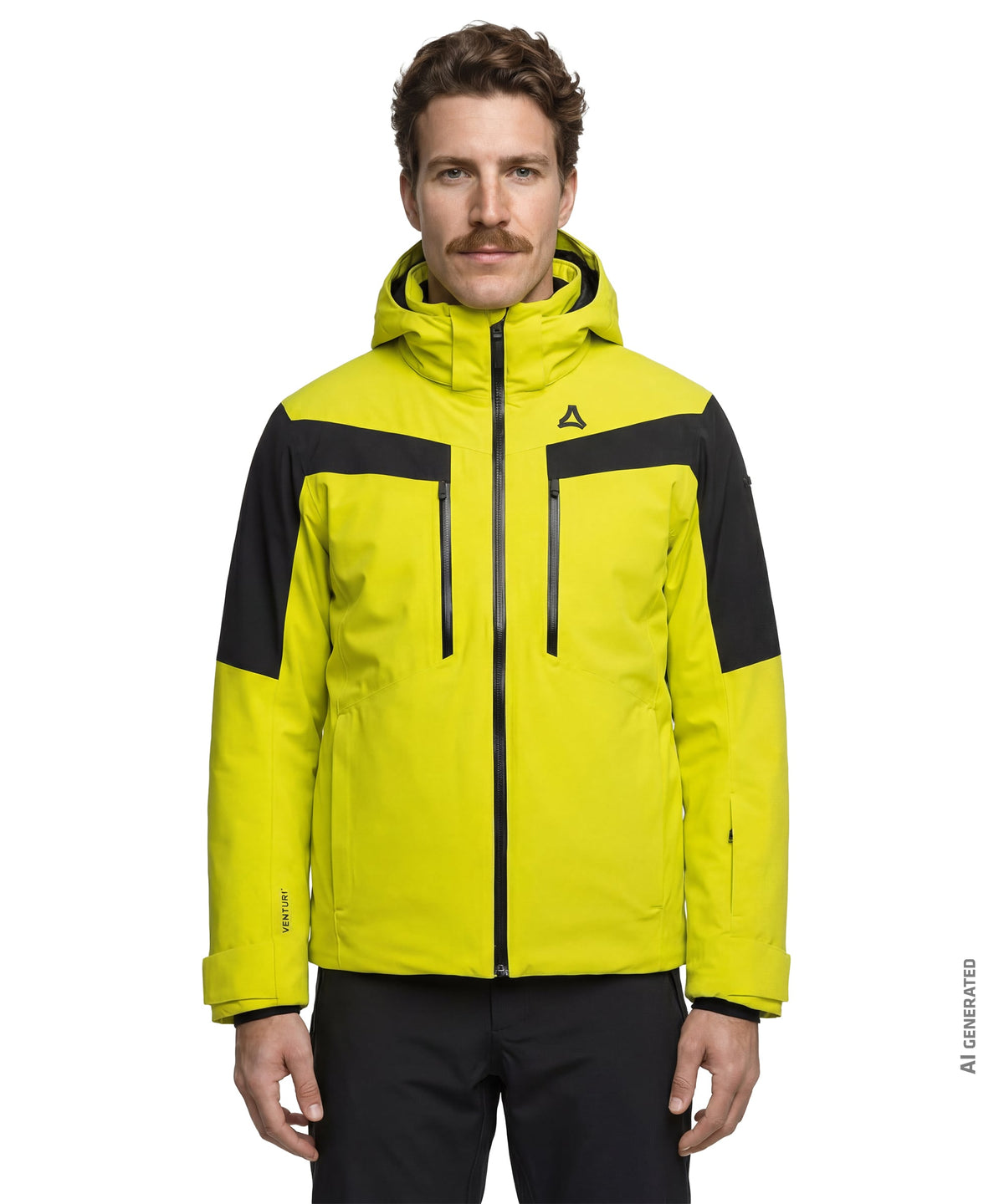 Men’s Safuna jacket in bright yellow with black shoulder panels hood and front zipper for outdoor