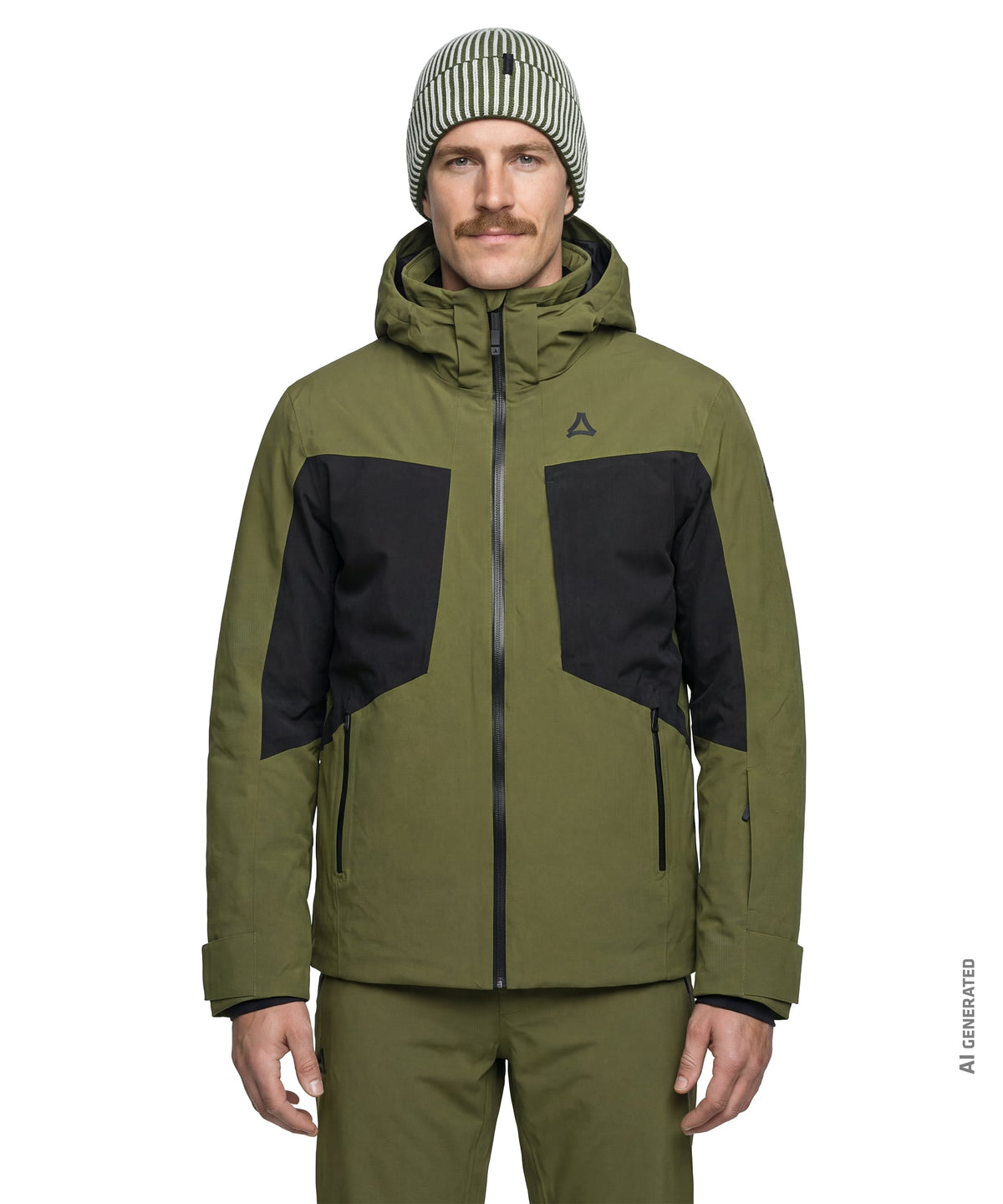 Men’s trifex olive green and black tactical ski jacket with hood zippered pockets and triangular