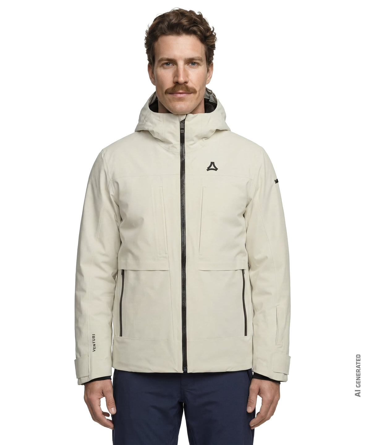 Beige waterproof men’s Lumineo jacket Nordic with black zipper and logo detailing for skiing