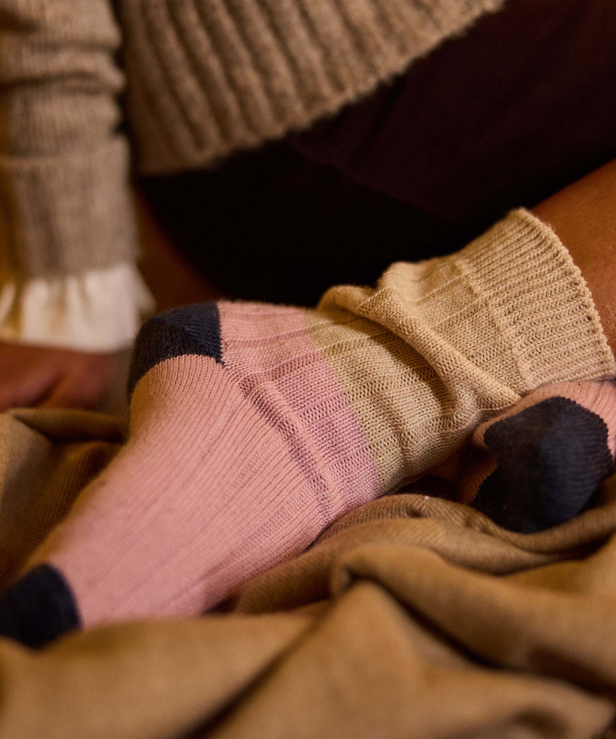 Pilsley socks mauve blush ribbed-knit soft pink with navy toe and heel cozy cotton blend socks
