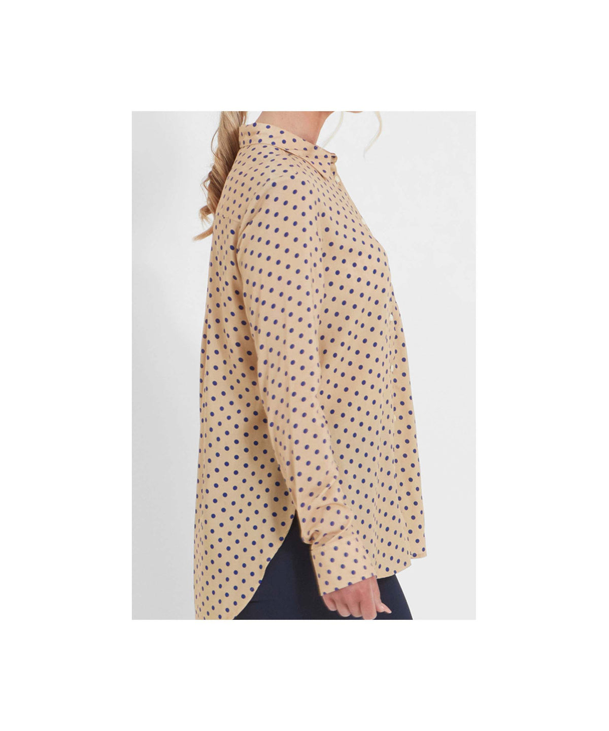 Beige long-sleeved southwold shirt with navy blue polka dots in camel and navy spot pattern