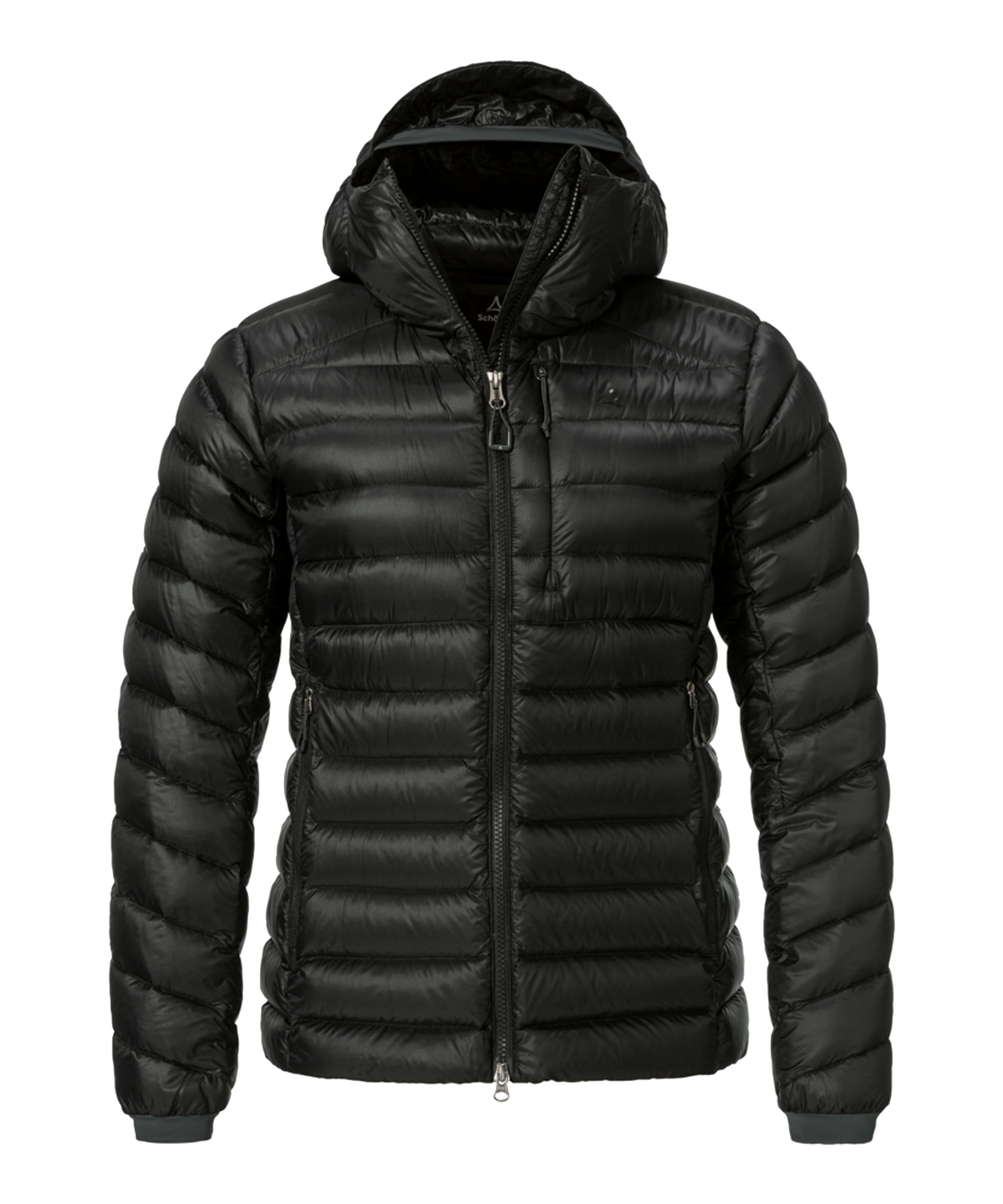 Black women’s silvretta down jacket with hood and horizontal stitching for warmth and outdoor use