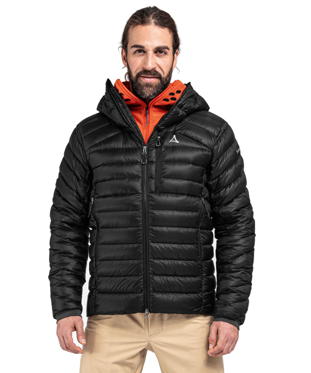 Men’s Silvretta down jacket black quilted puffer with orange lining and small white logo
