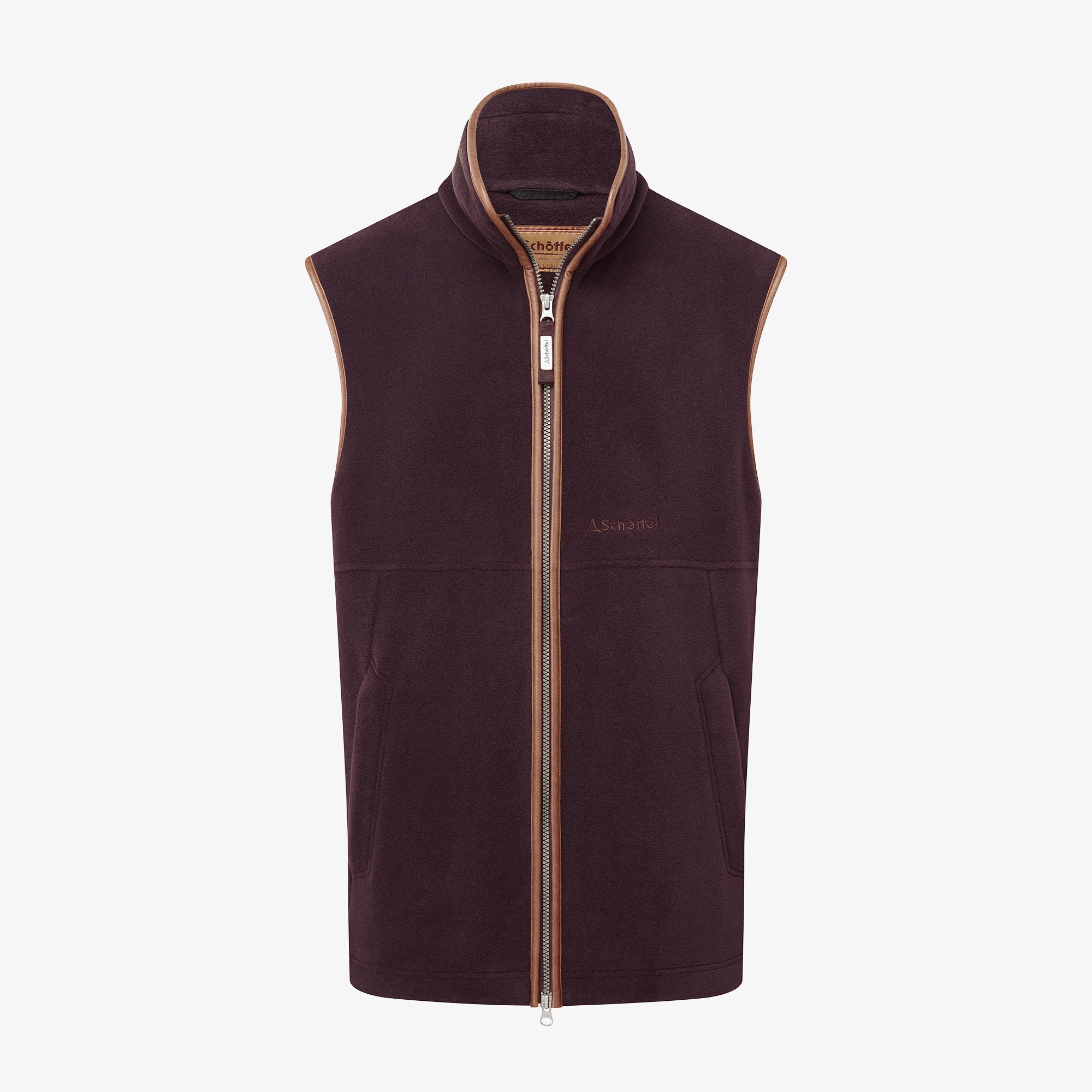 A cut out image of a dark plum coloured gilet with contrasting trim. Image highlights the full zip and the Schöffel embroidered logo.