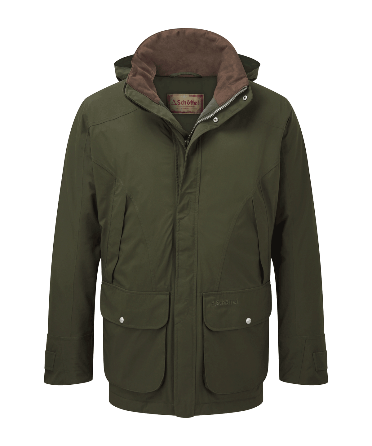 Olive green schöffel snipe coat field jacket with brown fleece-lined hood and two front pockets
