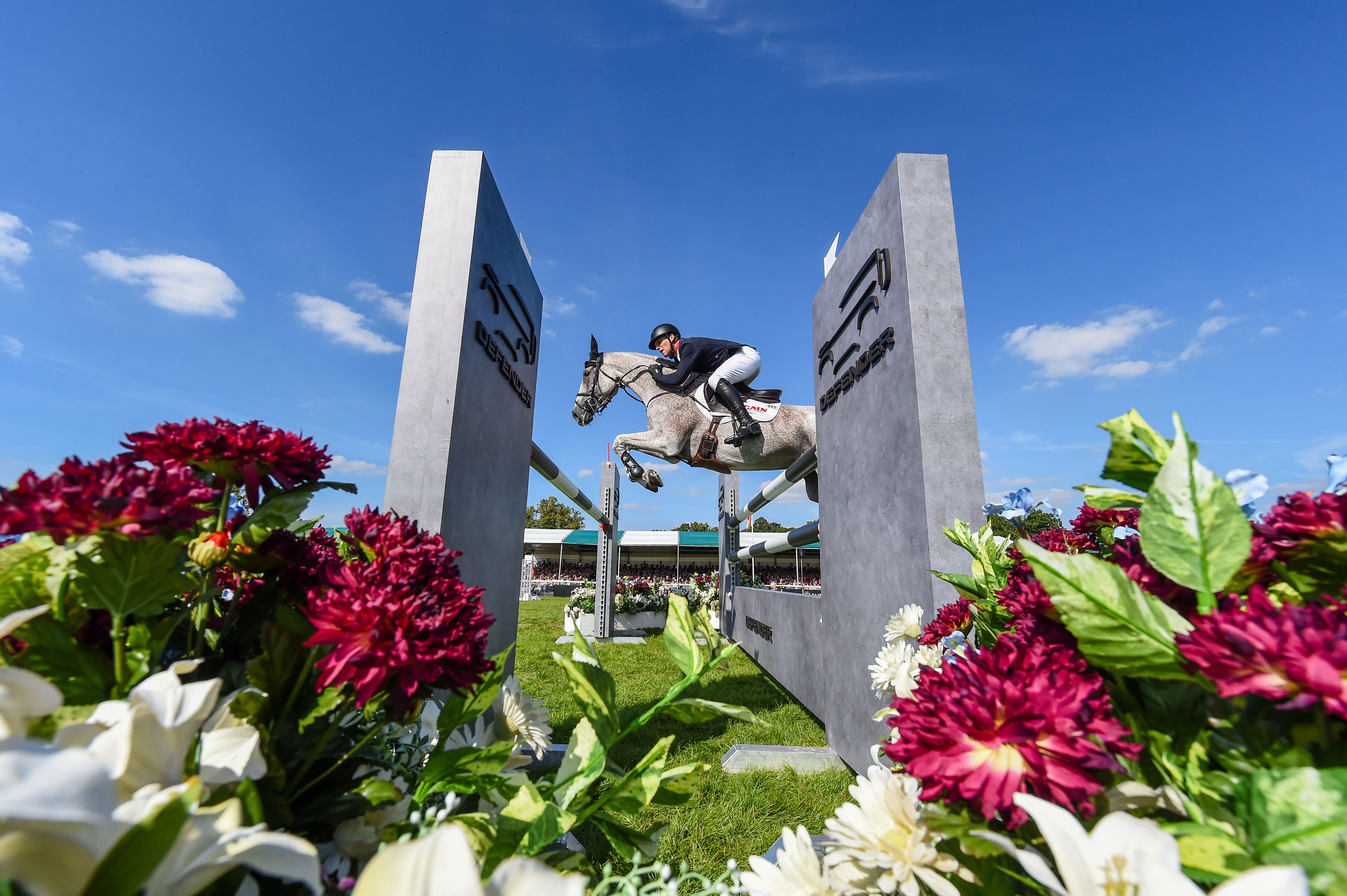 Oliver Townend during the showjumping phase at Burghley.
