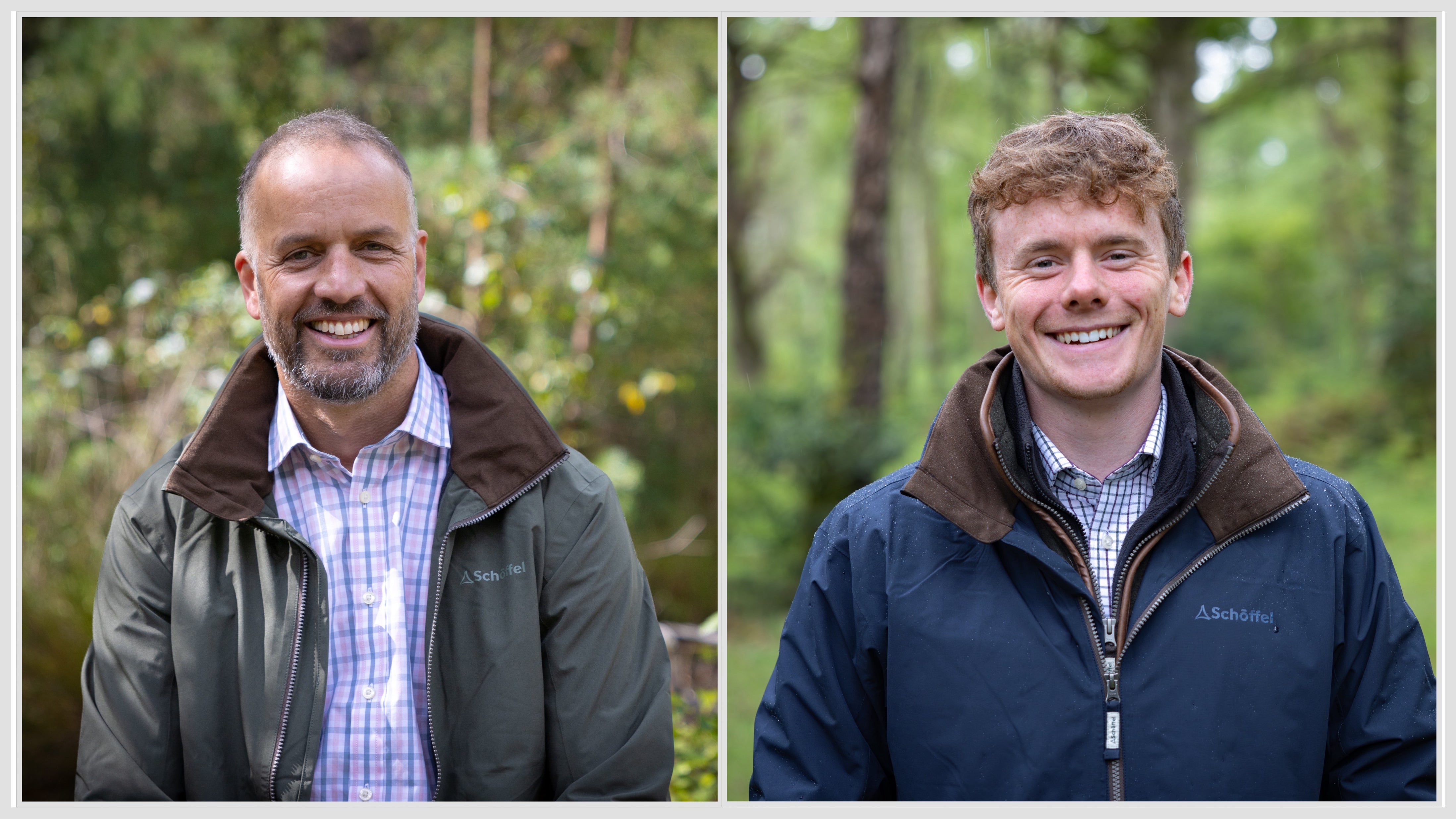 Two men wearing Columbia jackets outdoors with blurred greenery in the background