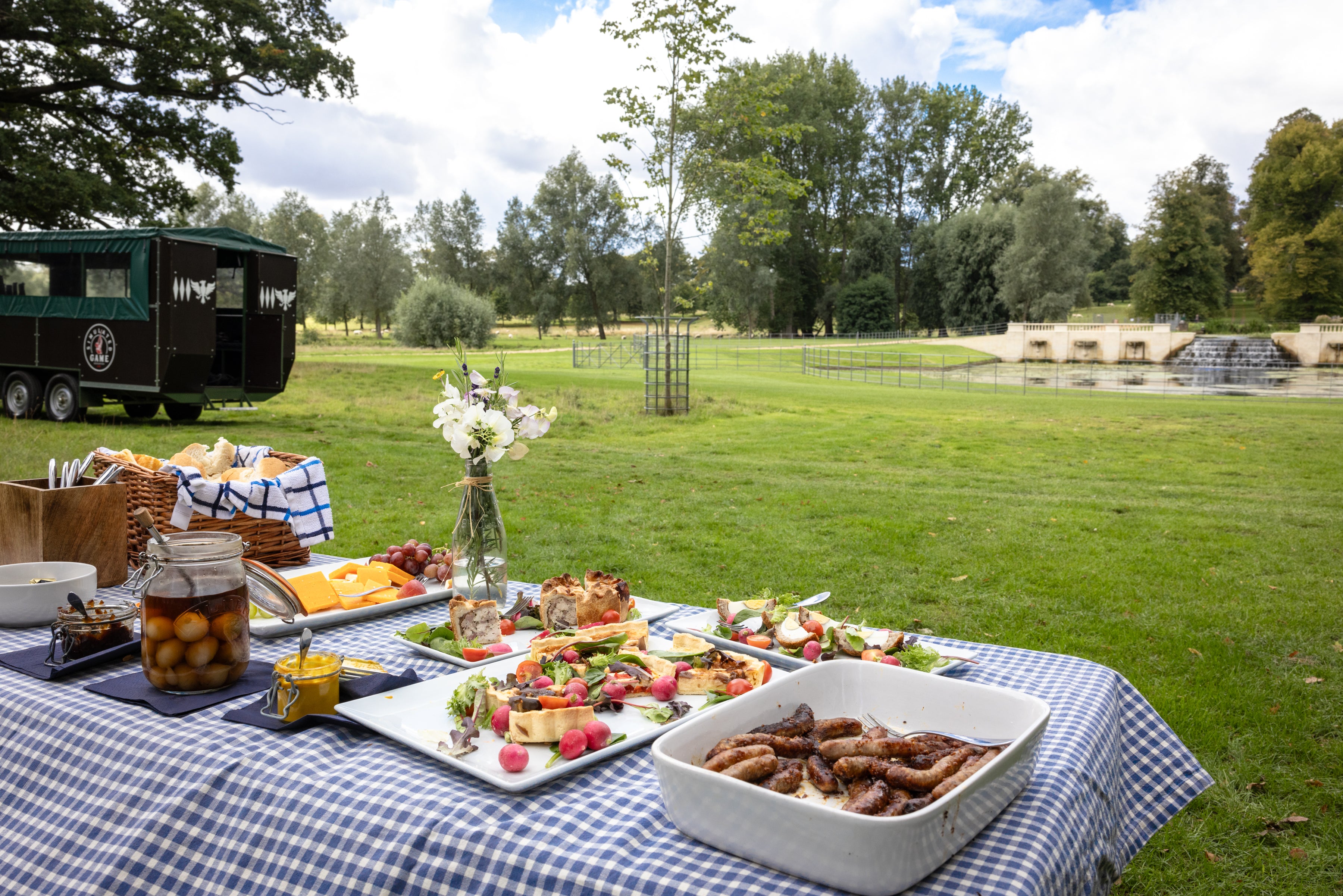 Outdoor picnic setup with food on a checkered tablecloth in a park.