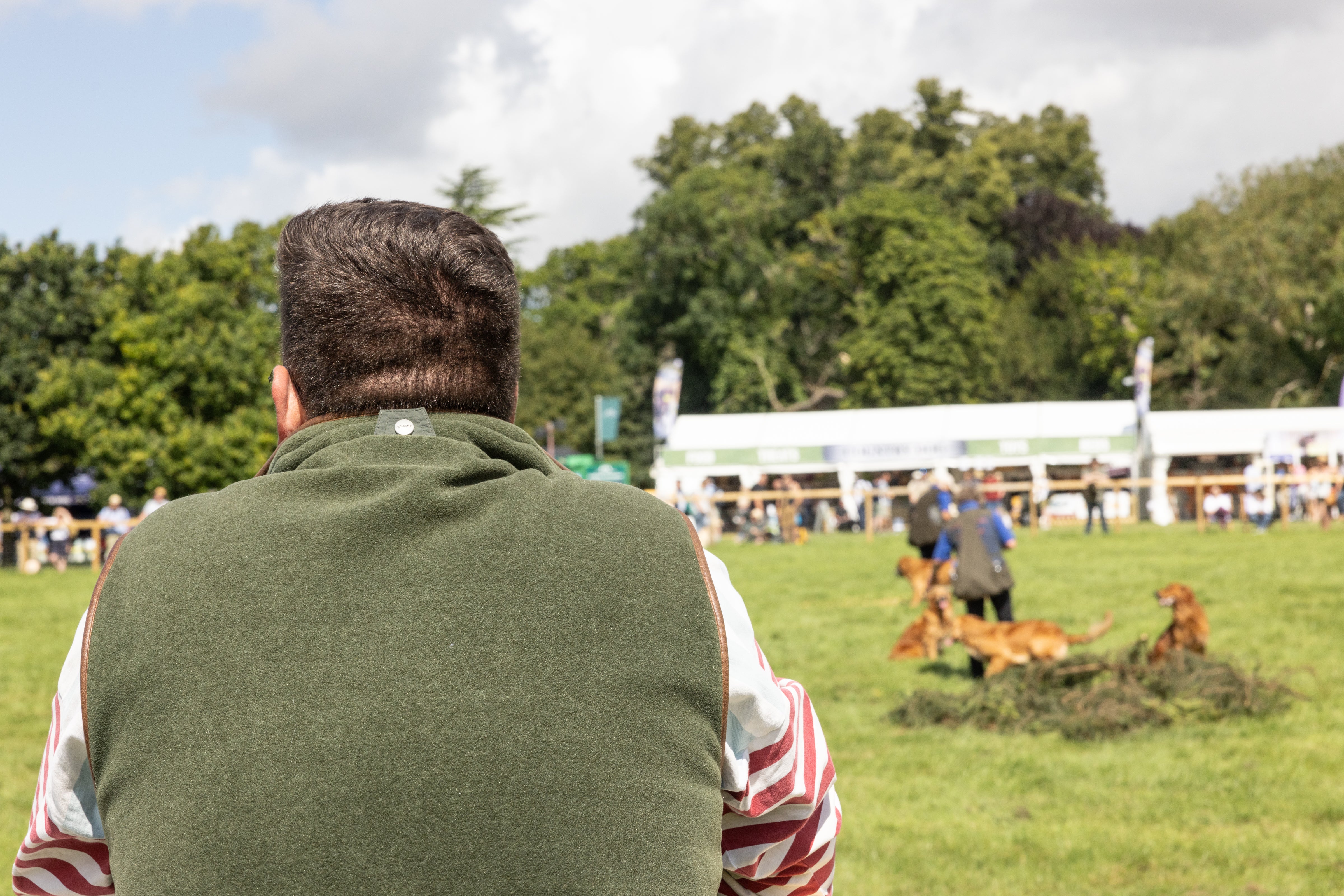 Man watching a dog show at the Game Fair with trees and stalls in the background.