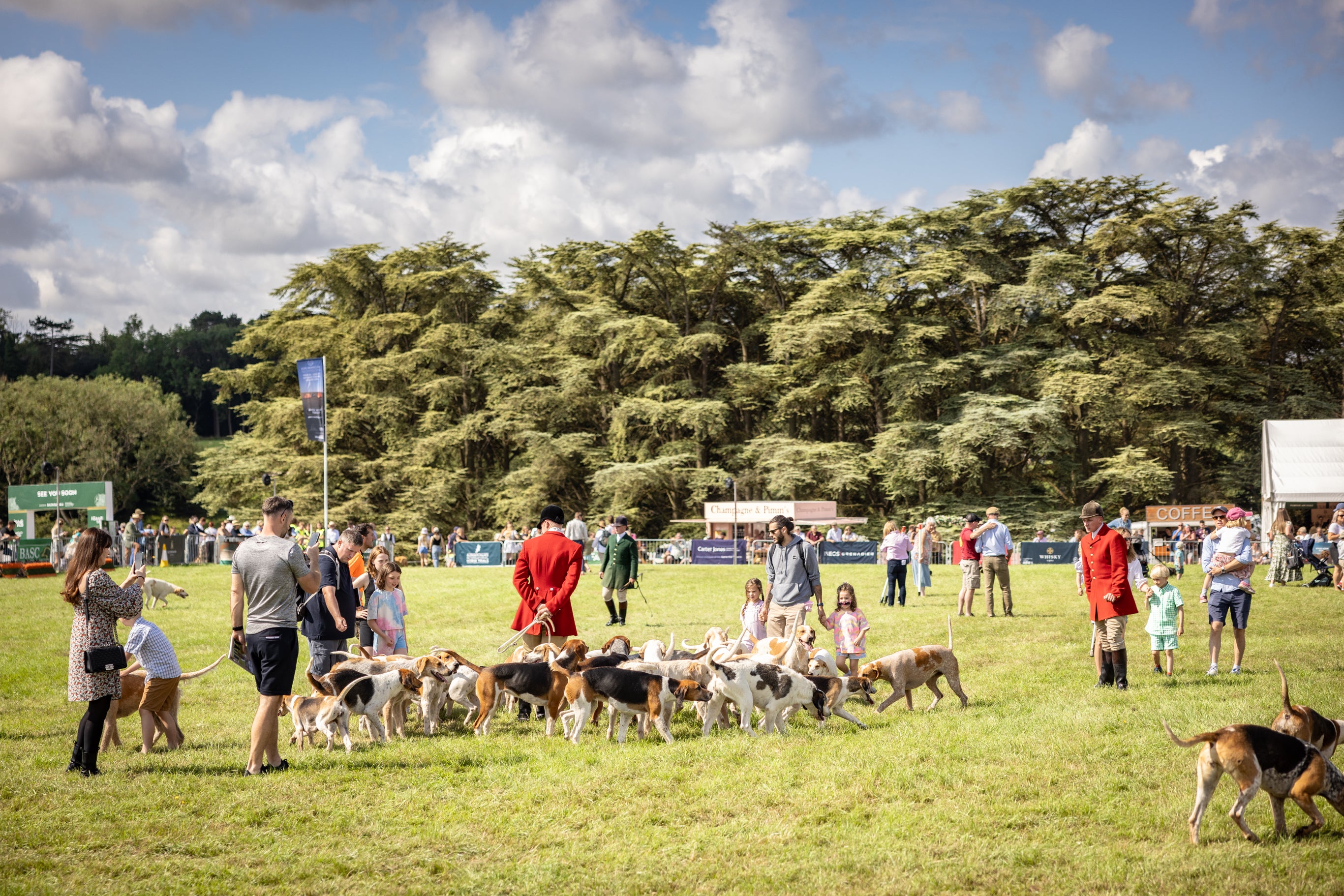 Visitors at The Game Fair interact with a pack of hounds, guided by traditionally dressed handlers, on a sunny field with vendor stalls in the background.
