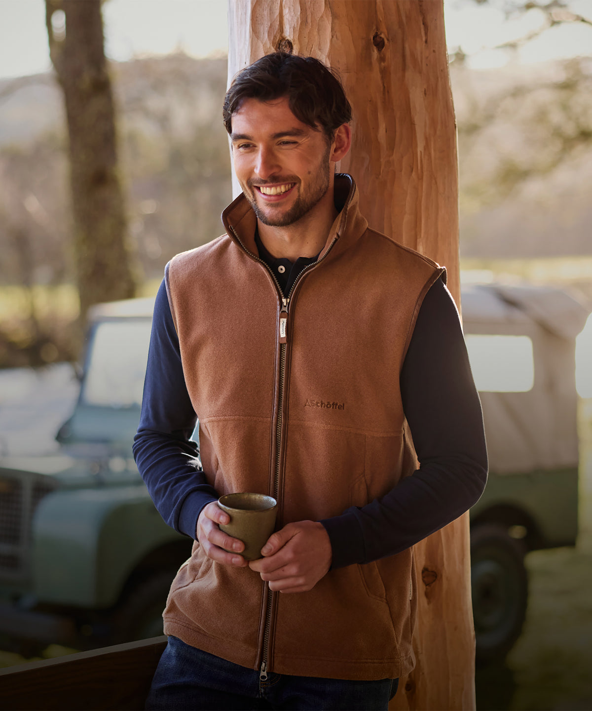 Oakham fleece gilet toffee brown fleece vest with zipper front and subtle brand logo on the chest