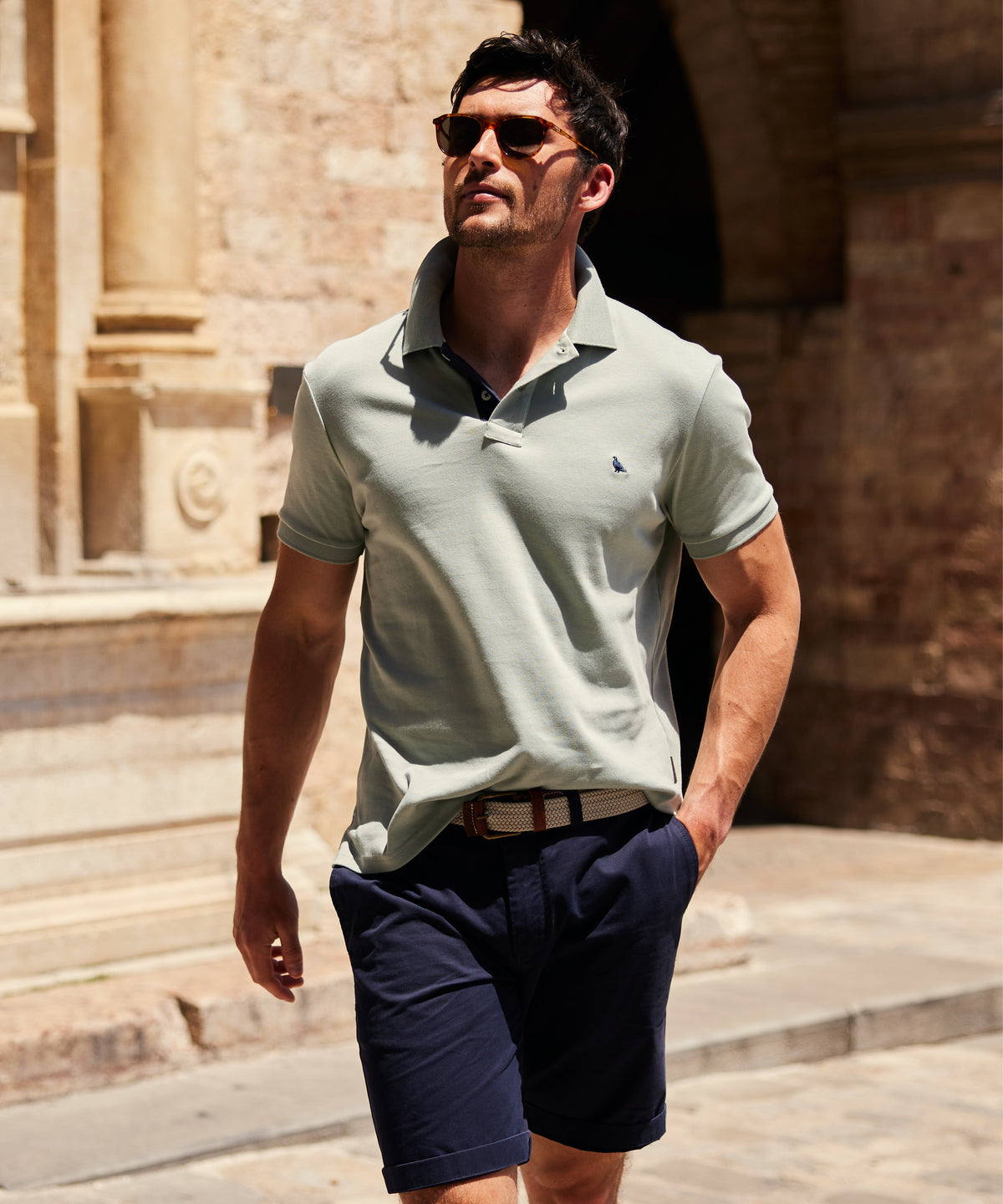 St ives jersey polo shirt aqua grey in light green with small navy blue embroidered logo on left