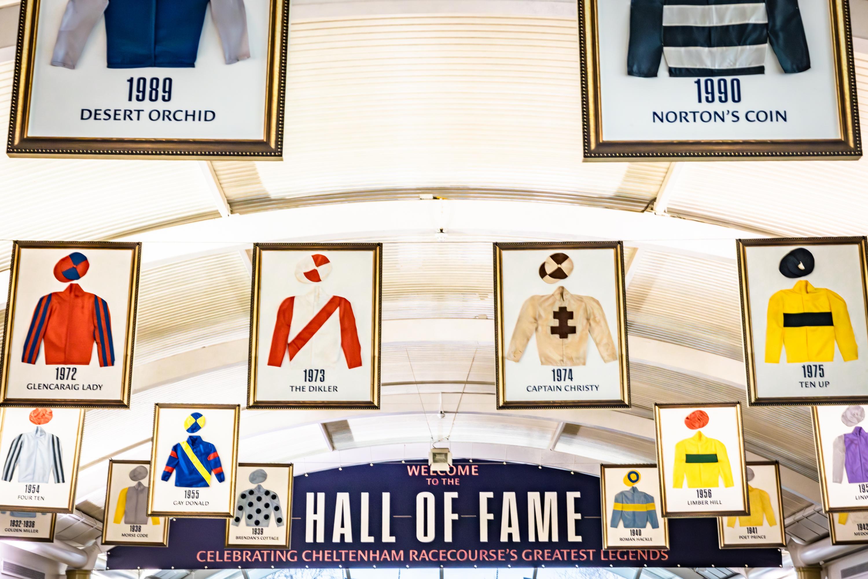 Hall of fame showing Cheltenham Racecourse's greatest legends jockey colours with dates and names.