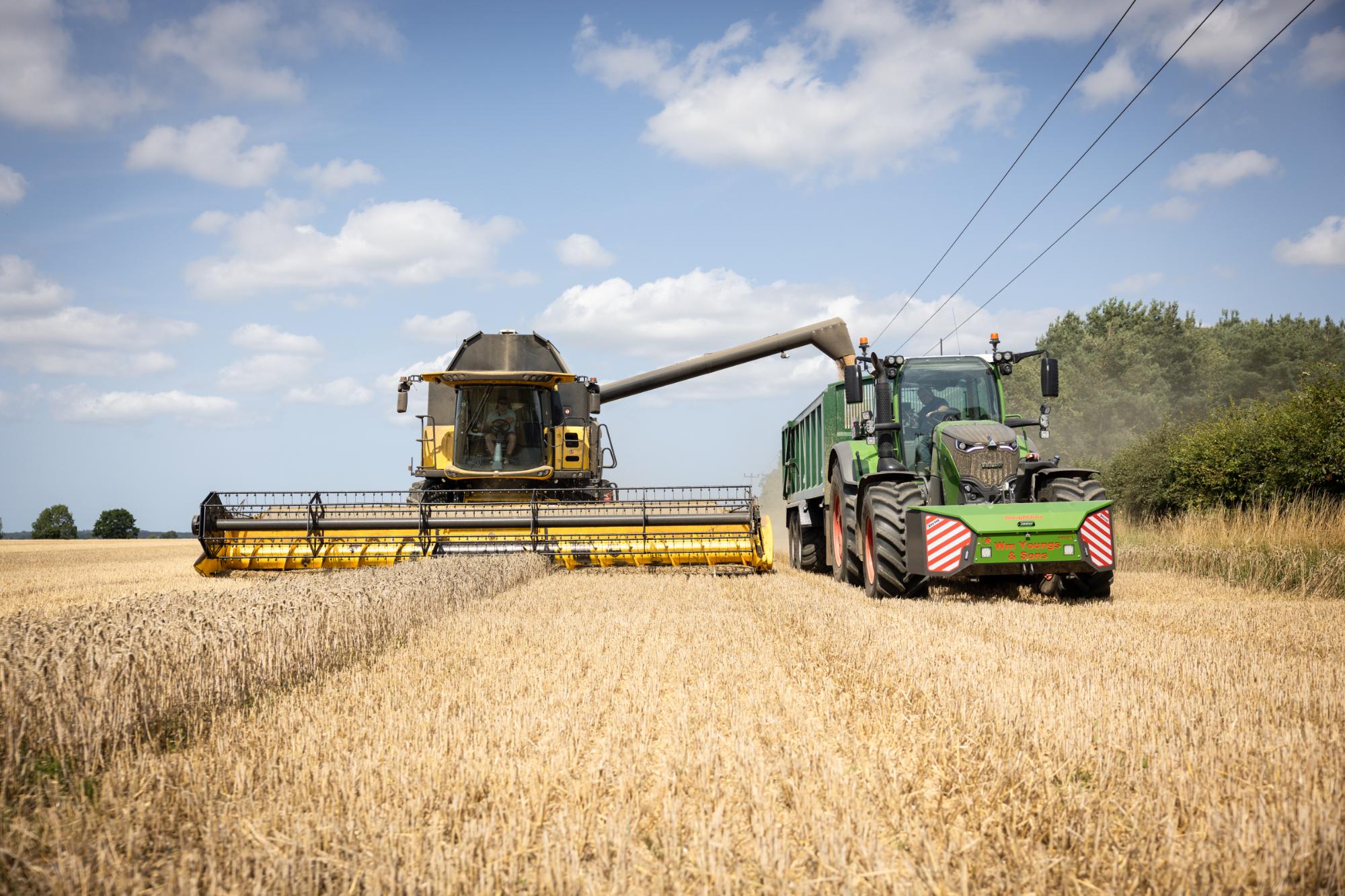 Combine harvester harvesting wheat in a field with a clear sky.