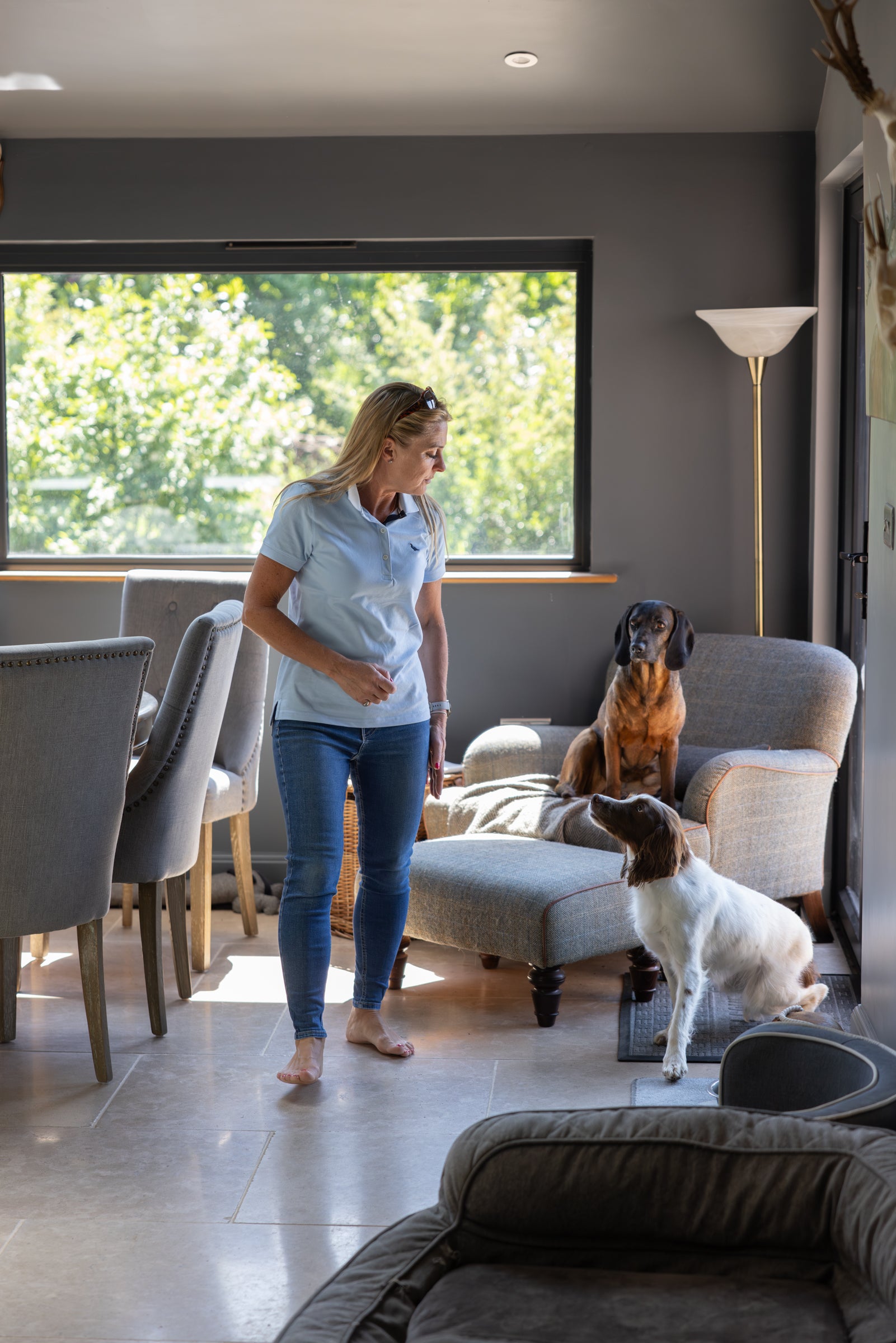 Woman standing in a modern living room with two dogs.