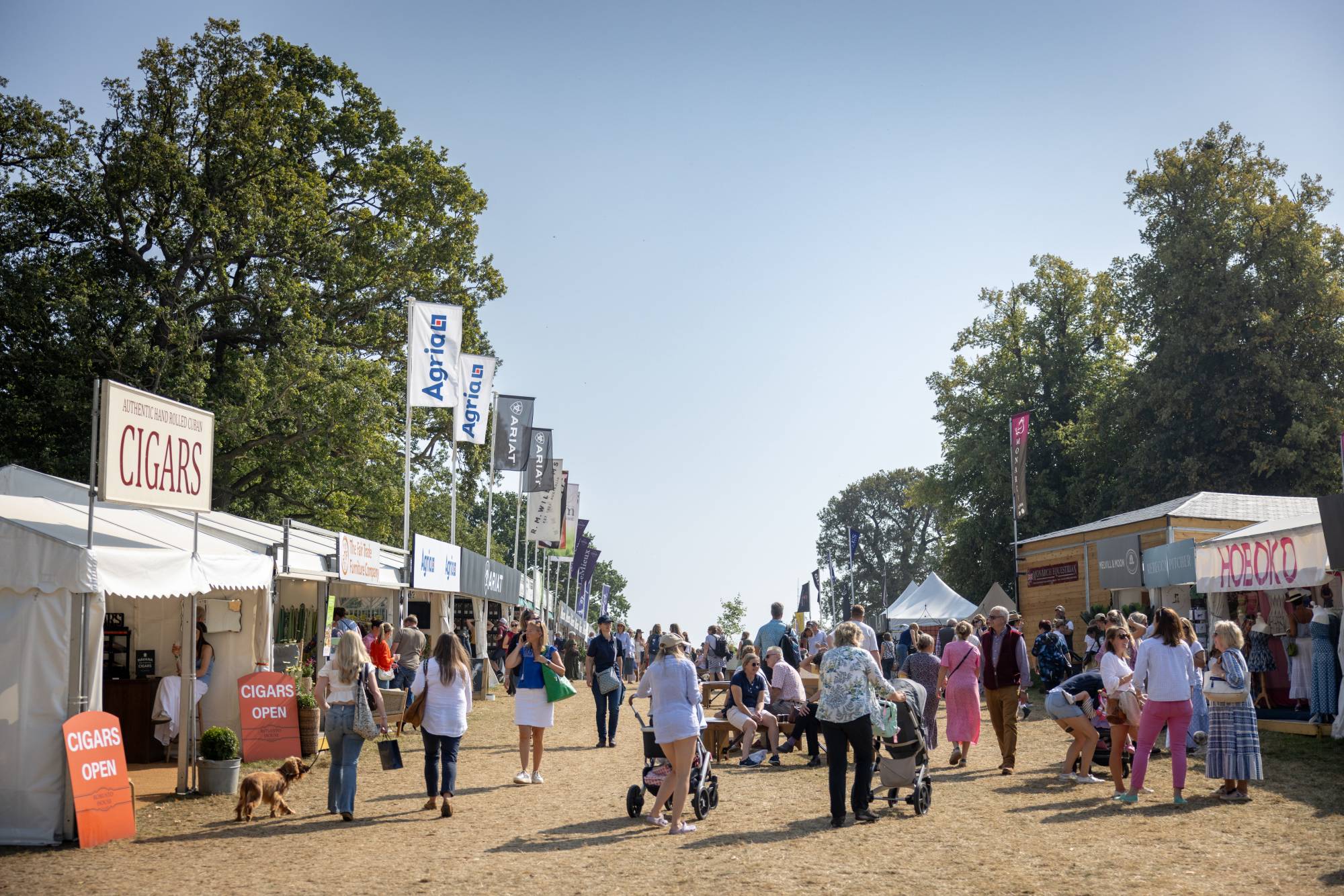 Outdoor event with people walking around and various booths, including a cigar booth, under a clear blue sky.