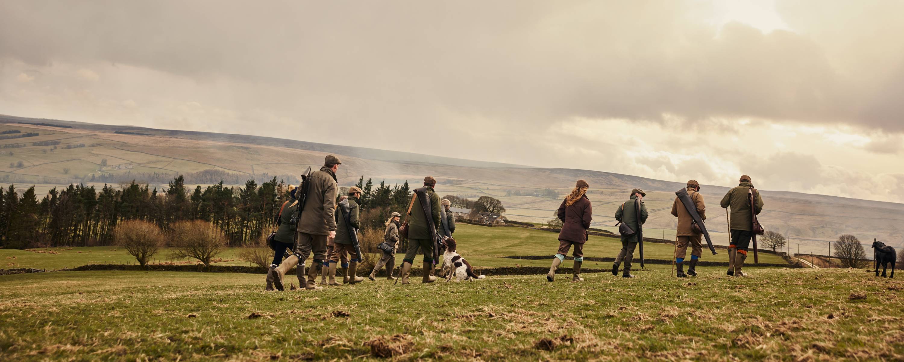 A group of people and dogs walking in a field wearing countrywear.