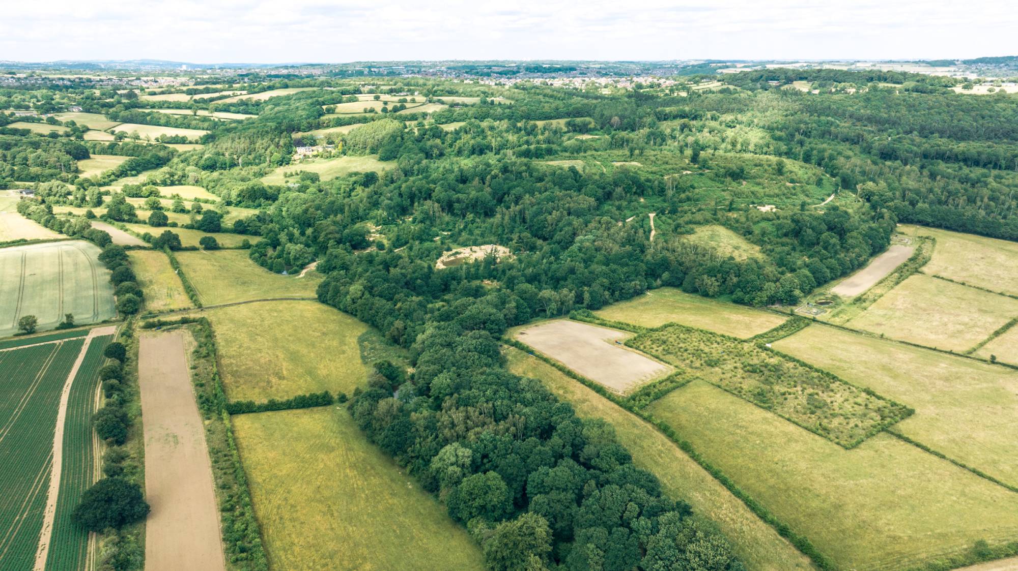 Aerial view of a rural landscape with fields and trees