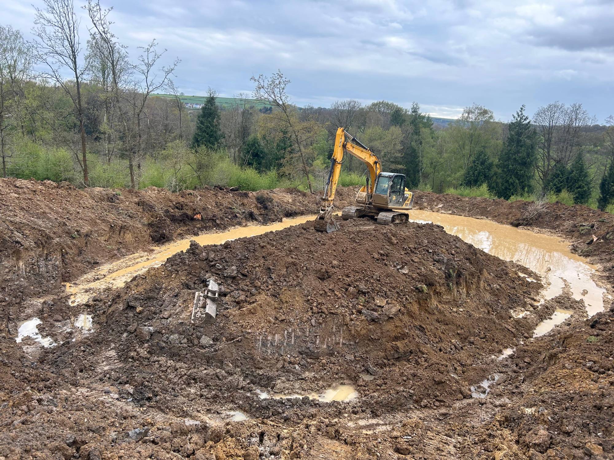 Digger working on a conservation site with trees and sky in the background
