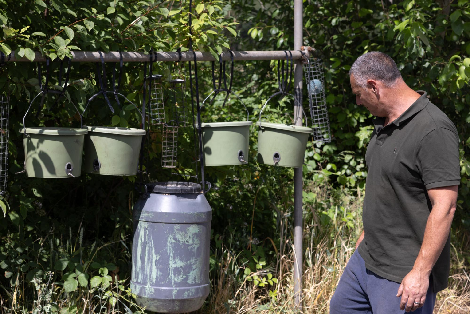 Man standing next to hanging bird feeders in a natural setting