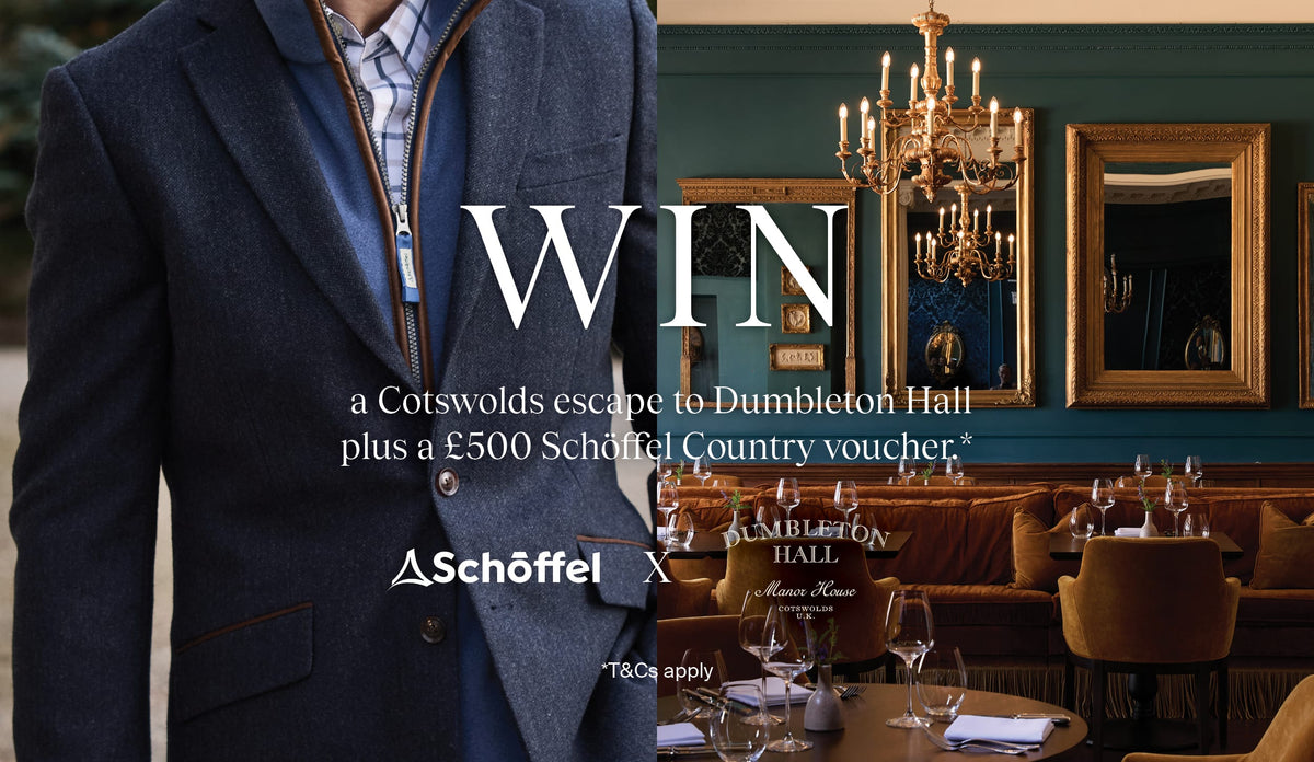 Large white text reads 'WIN' with smaller text about a Cotswolds escape to Dumbleton Hall plus a £500 Schöffel Country voucher.