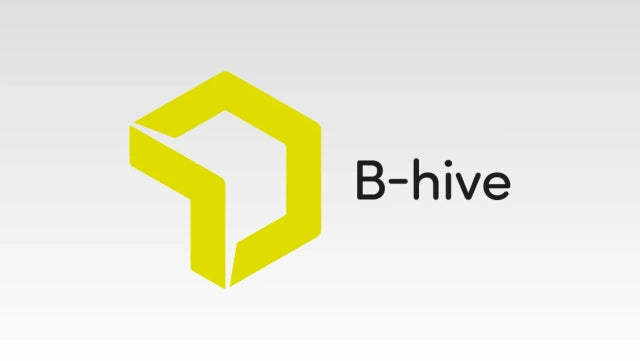 Yellow geometric logo with 'B-hive' text on a white background