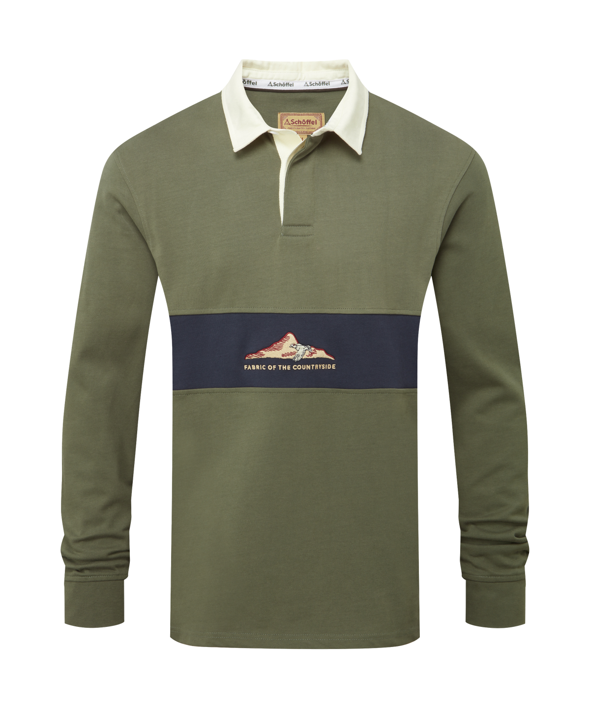 Saunton rugby top beetle green with olive green long sleeves cream collar and navy band